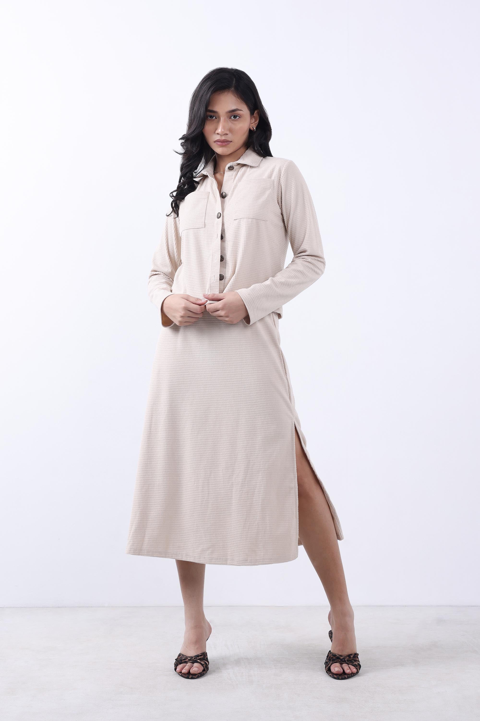 Women Beige Corduroy Jacket & Skirt Co-ord set.-4