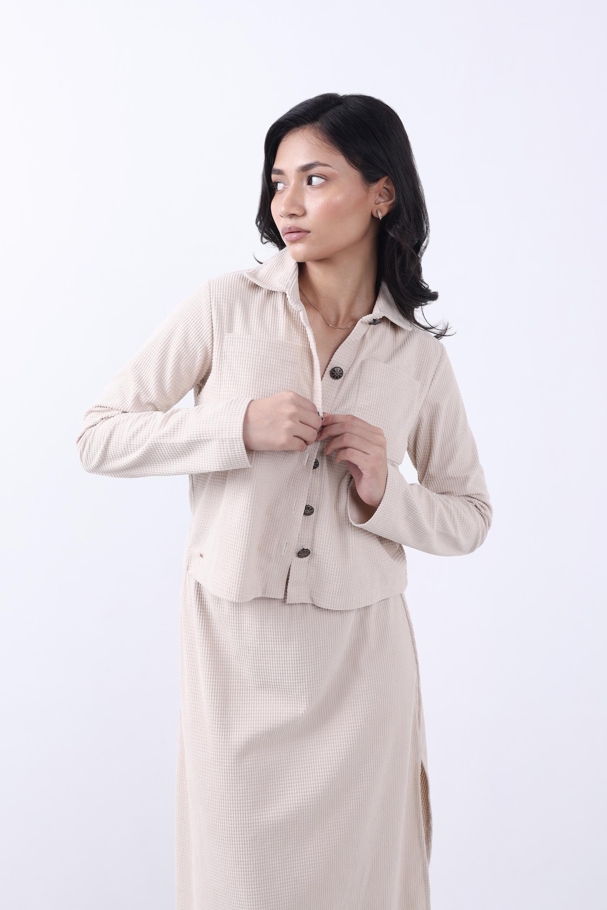 Women Beige Corduroy Jacket & Skirt Co-ord set.-5