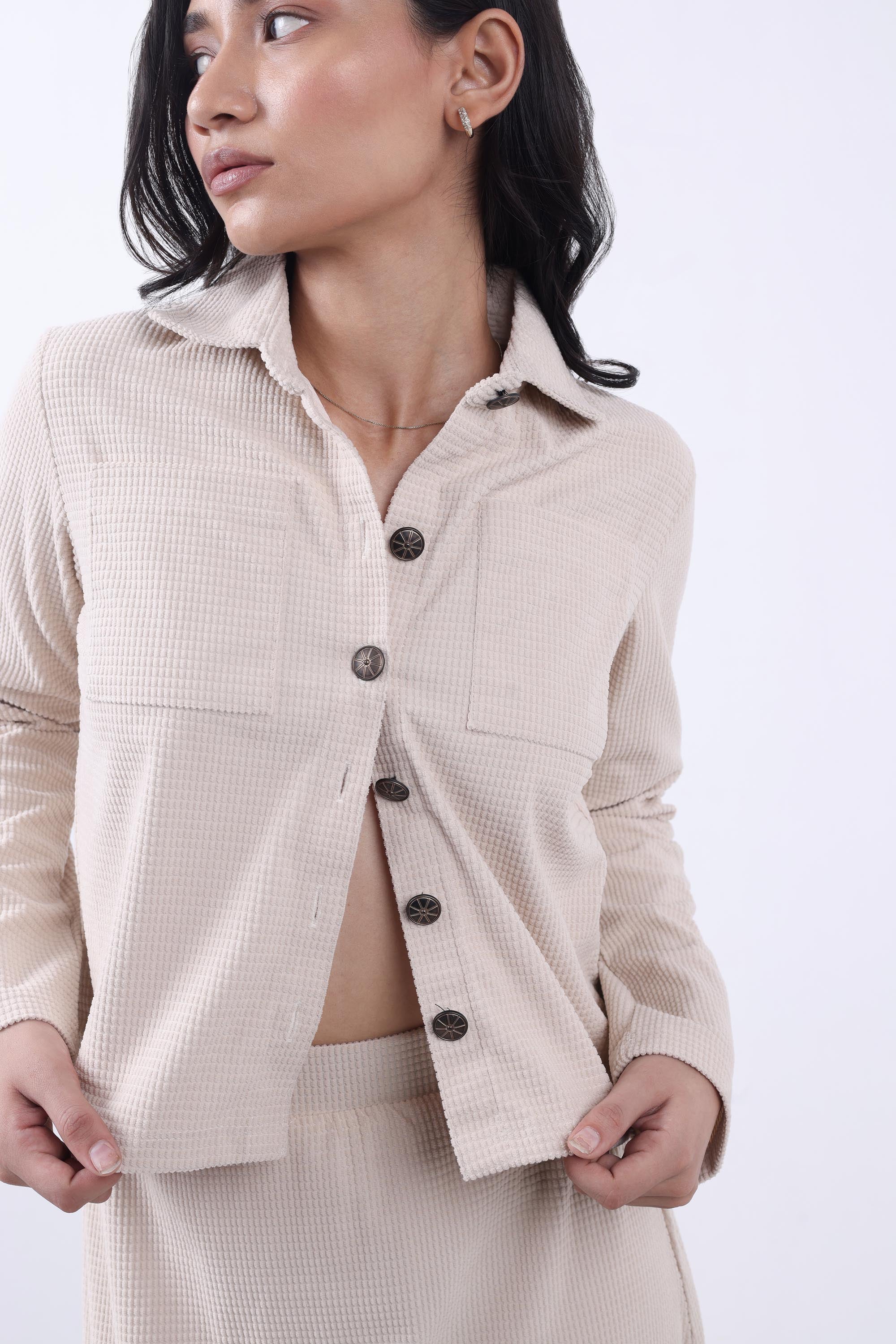 Women Beige Corduroy Jacket & Skirt Co-ord set.-6