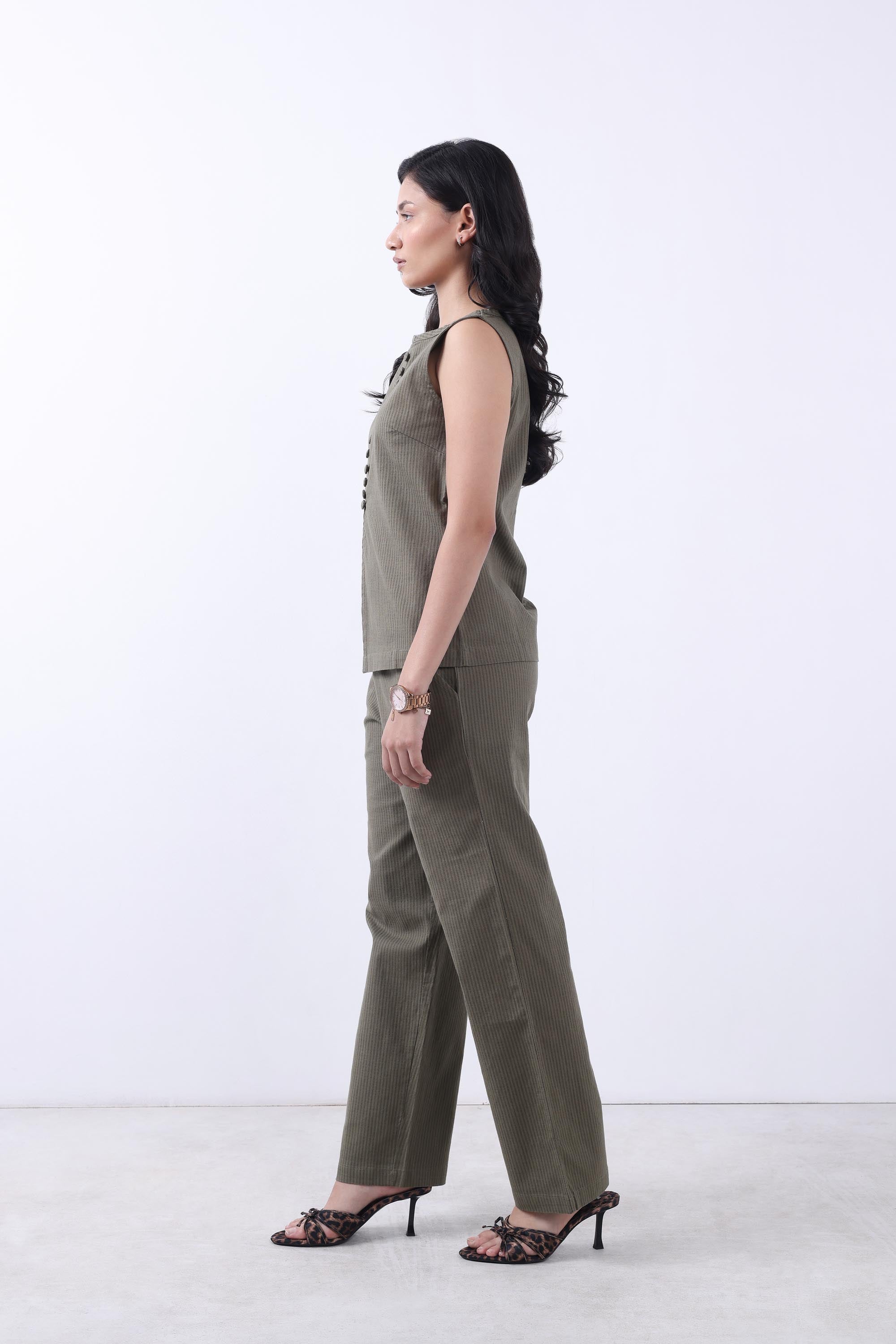 Women Olive Linen Two Piece Co-ord Set-4
