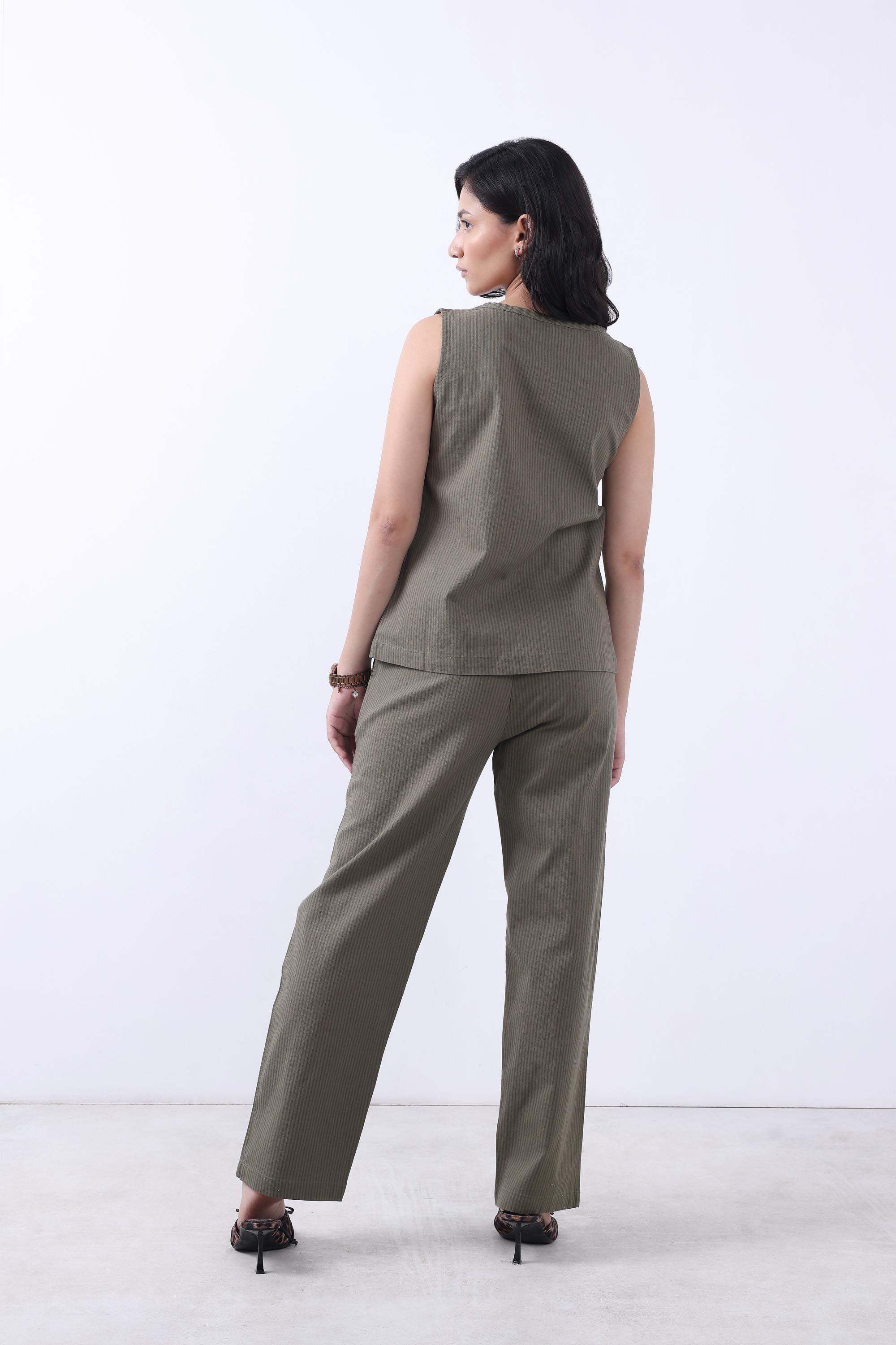 Women Olive Linen Two Piece Co-ord Set-5