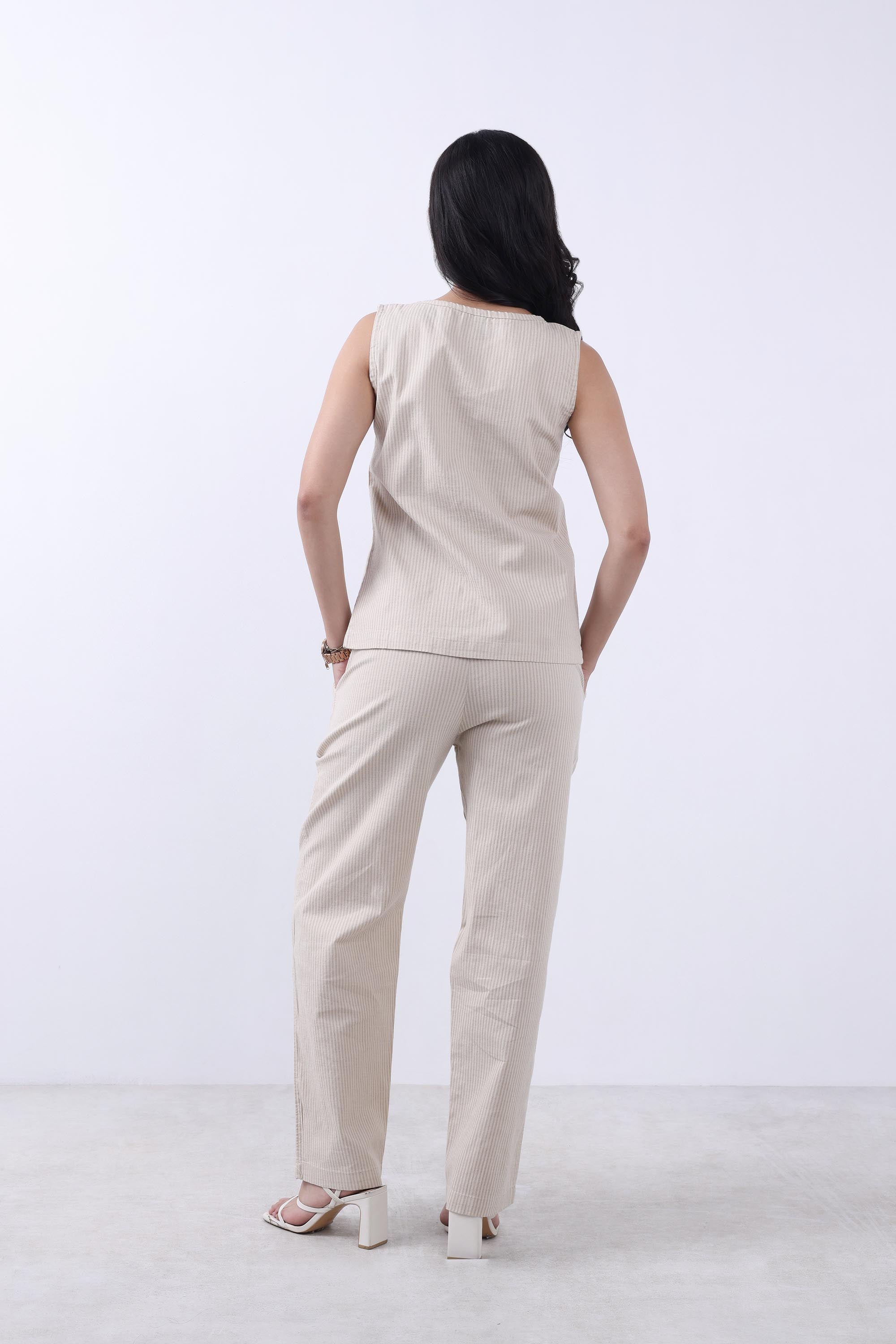 Women Beige Linen Two Piece Co-ord Set-5