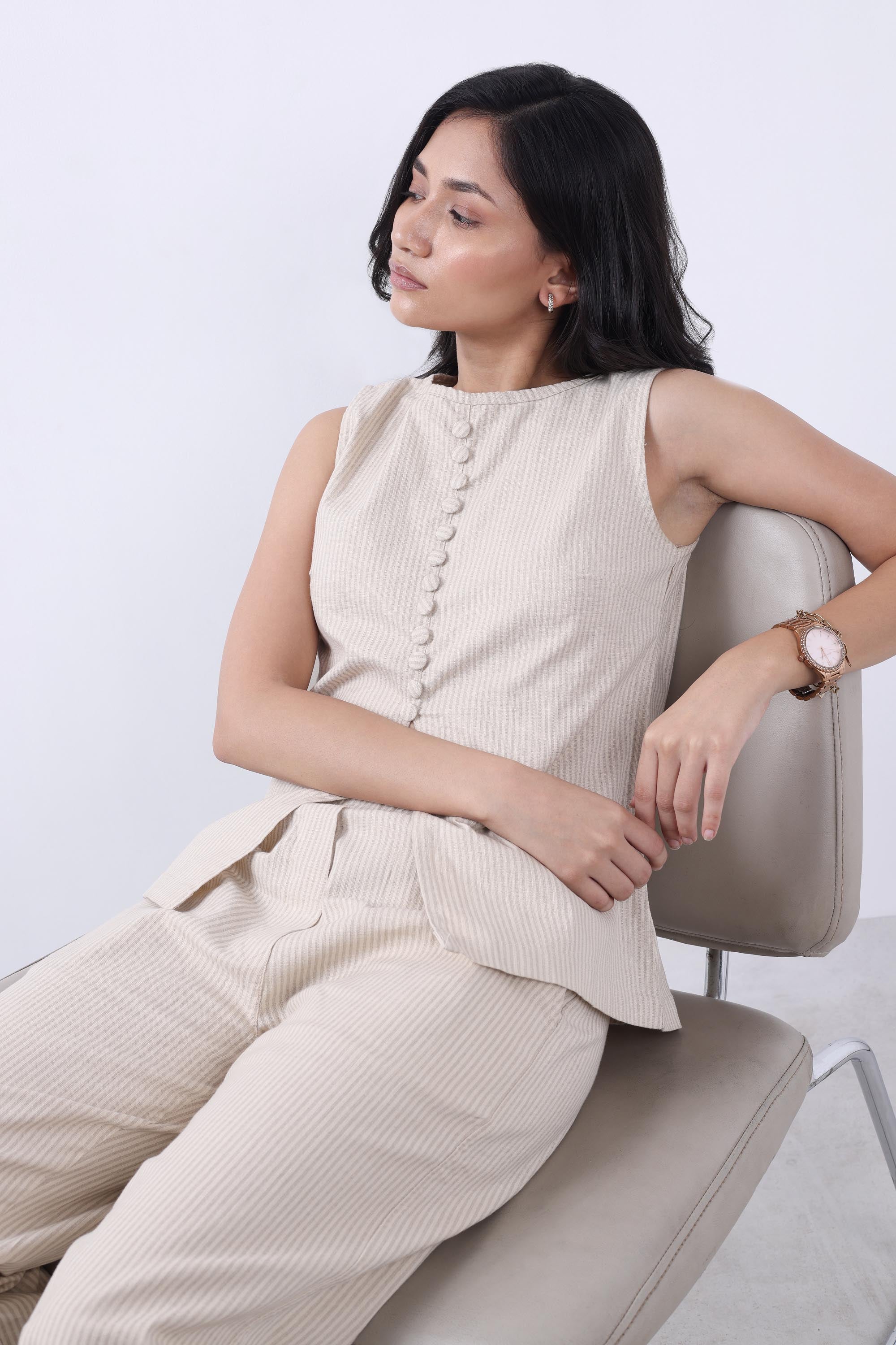 Women Beige Linen Two Piece Co-ord Set