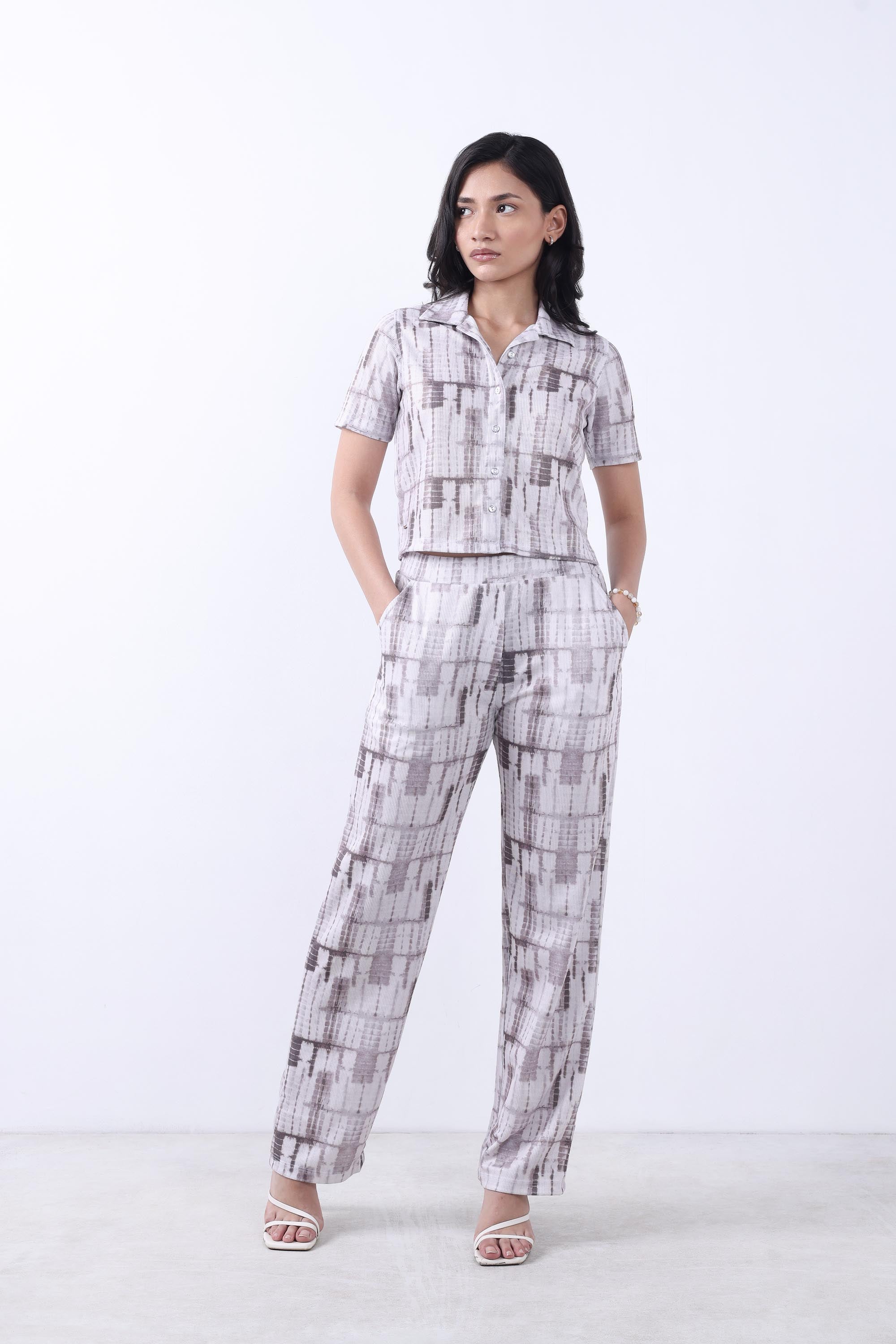 WOMEN BROWN CROP SHIRT WITH TROUSER CO-ORD SET