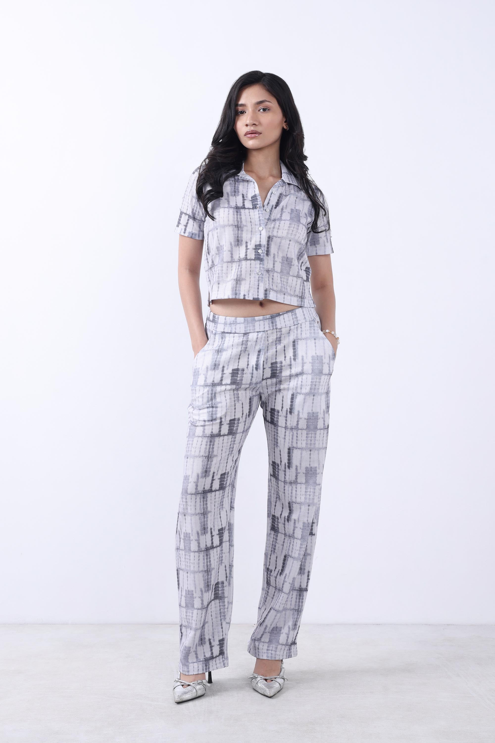 WOMEN GREY CROP SHIRT WITH TROUSER CO-ORD SET-3