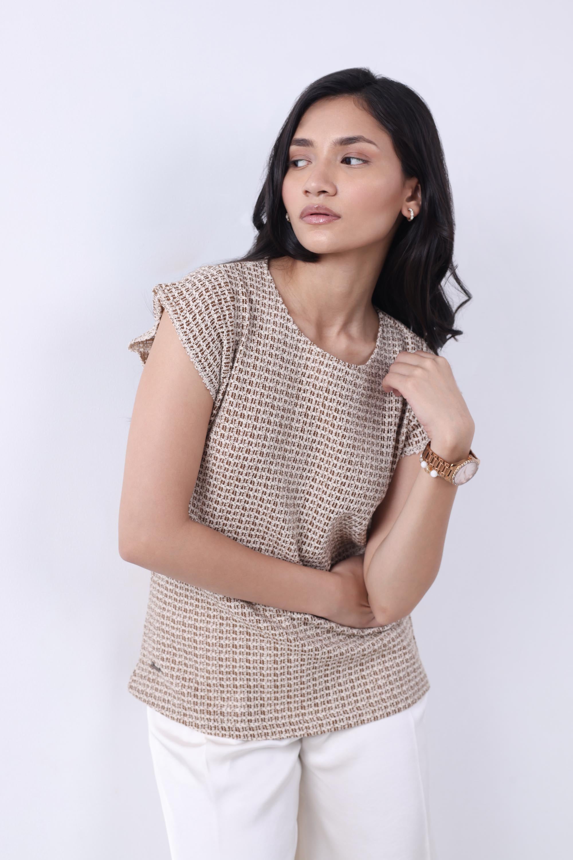 BROWN POINTELLE-KNIT WOMEN TOP-6