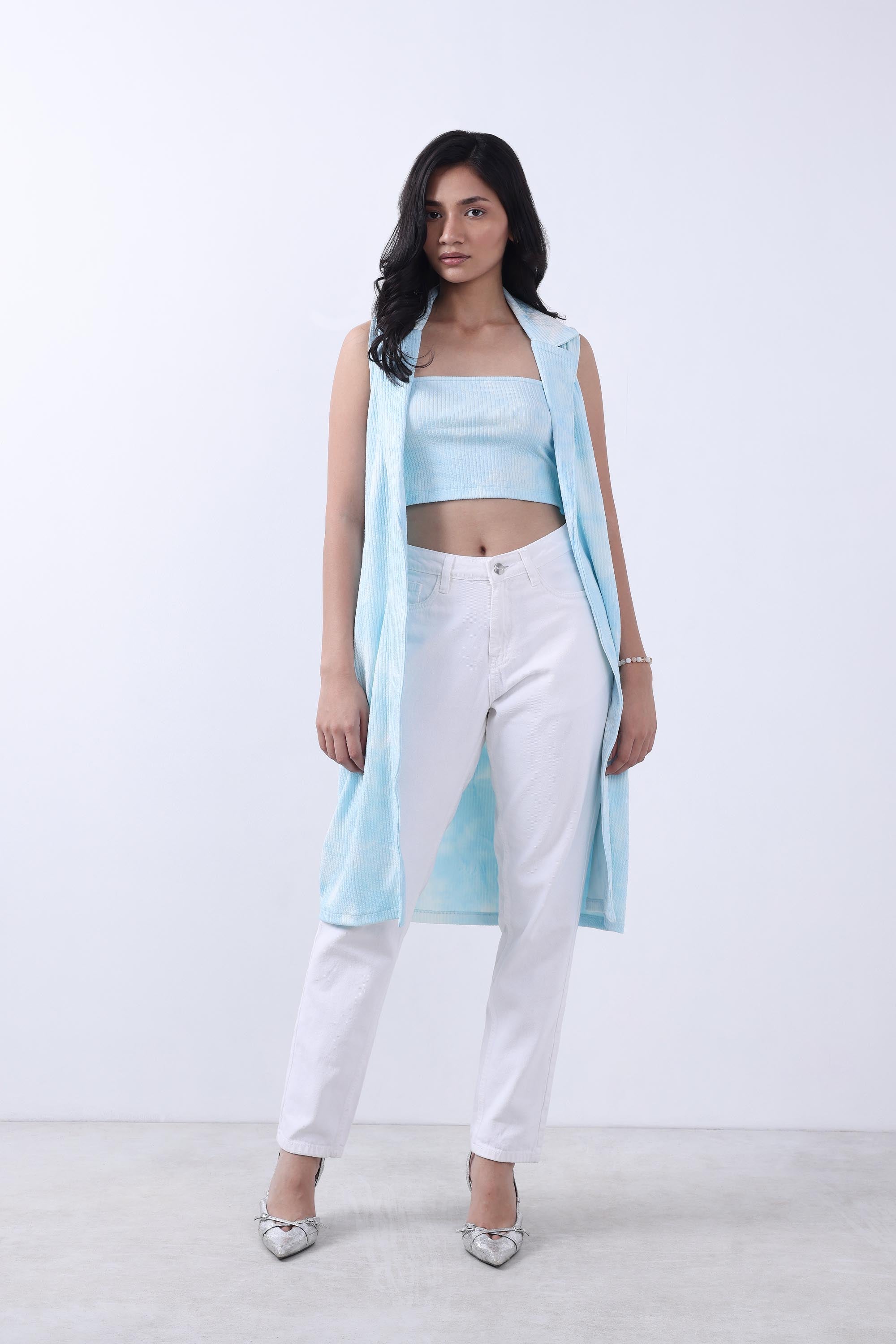 BLUE TIE & DYE LONGLINE OPEN FRONT SHRUG