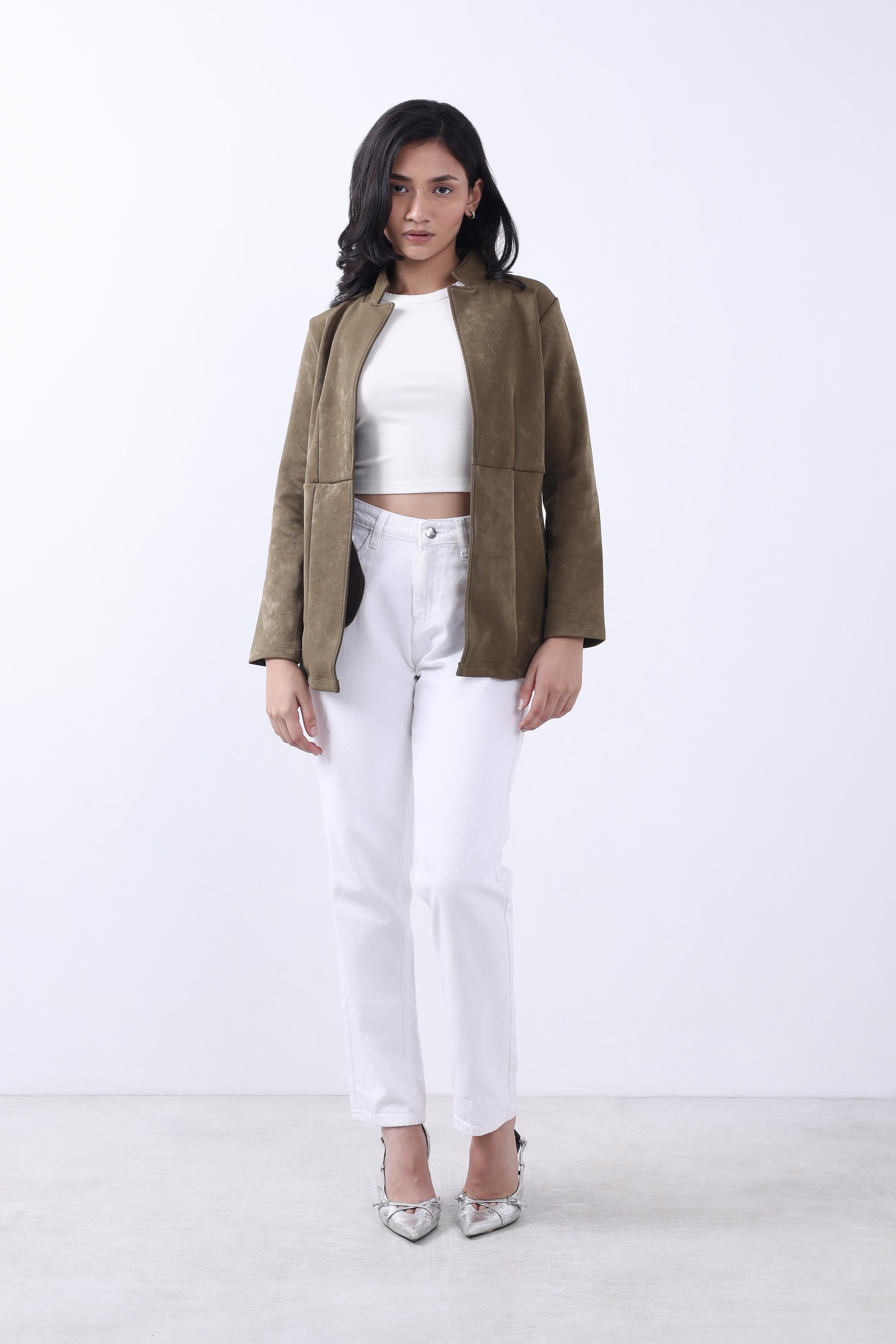 OLIVE SUEDE OPEN FRONT COAT-3