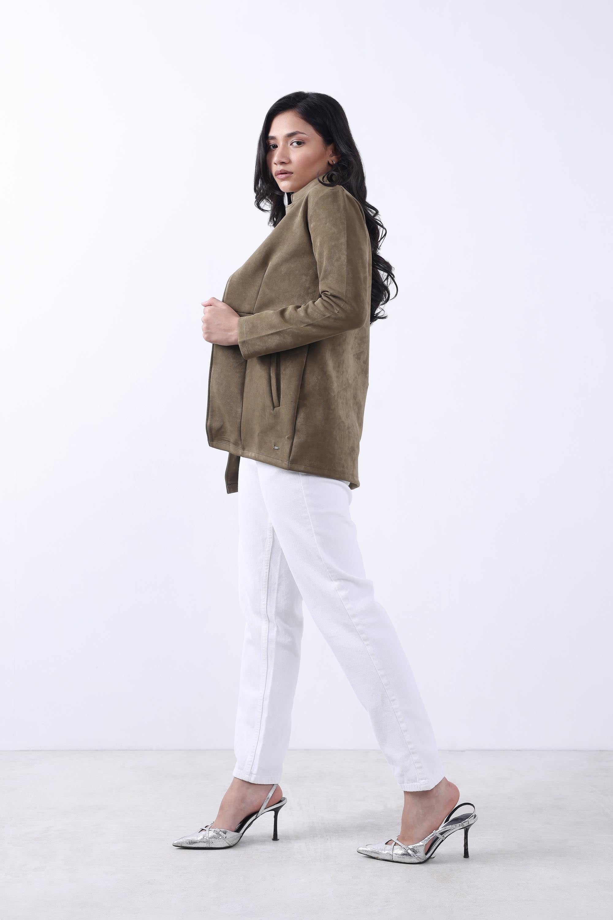 OLIVE SUEDE OPEN FRONT COAT-4