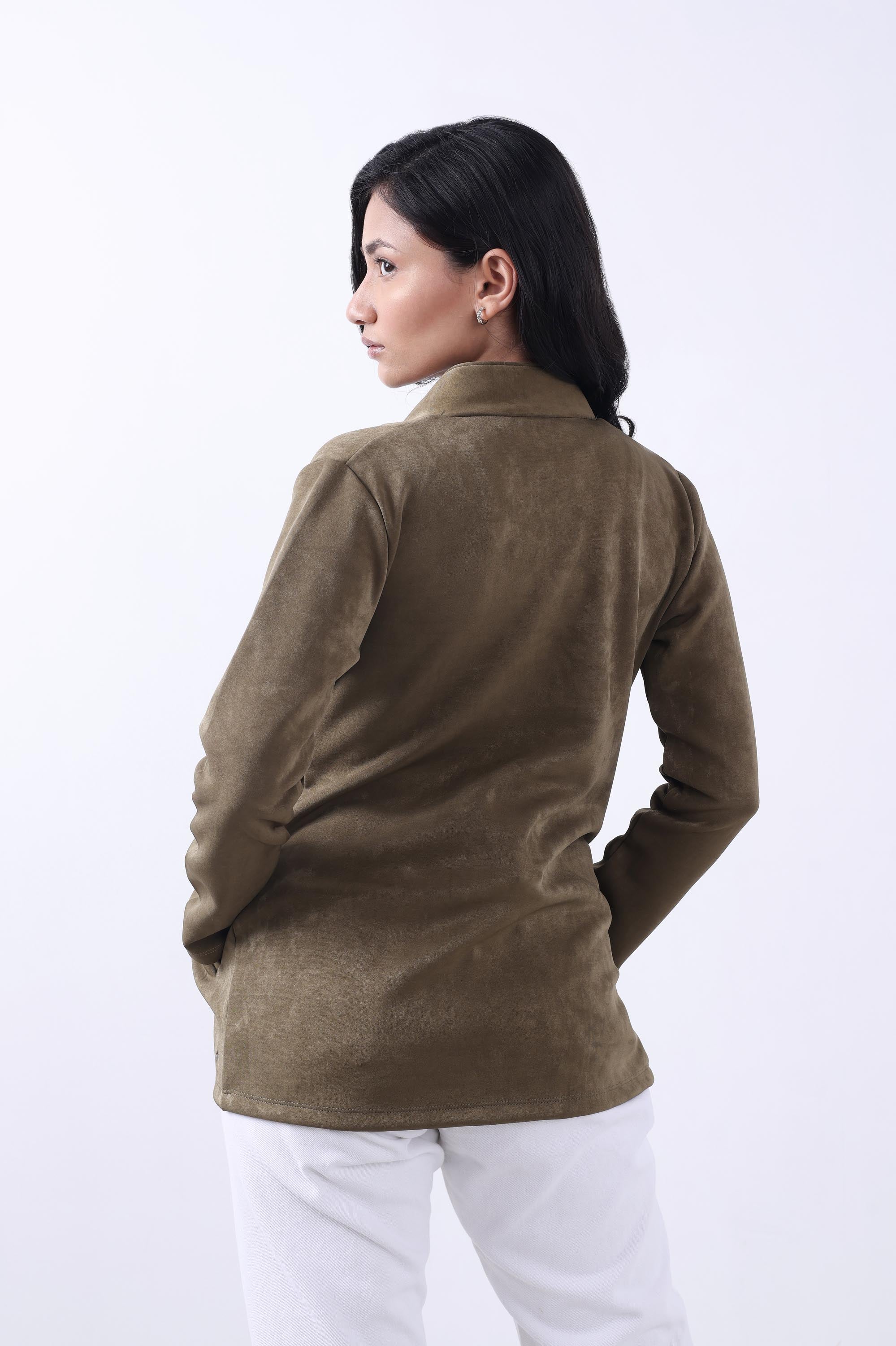 OLIVE SUEDE OPEN FRONT COAT-5