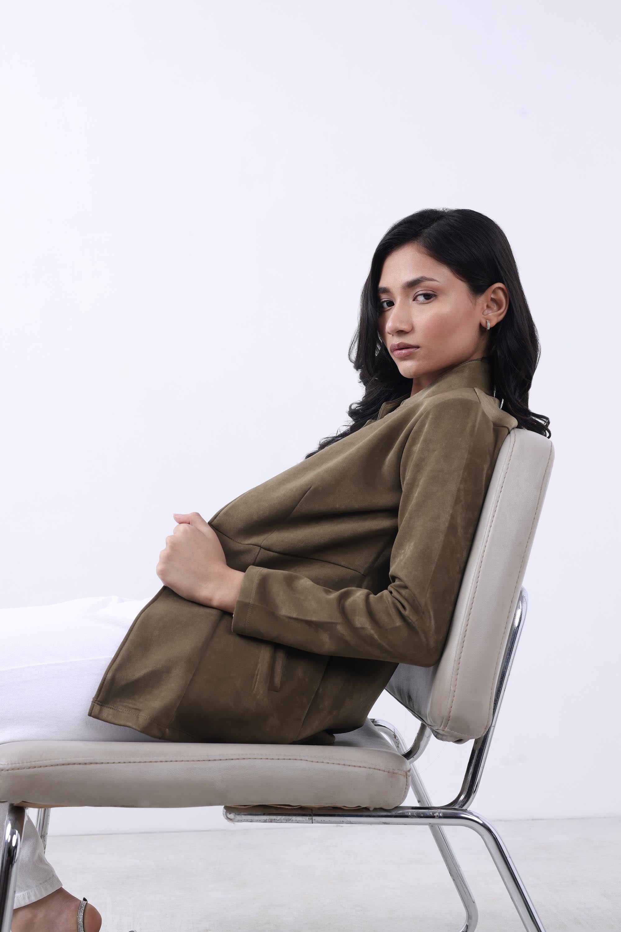 OLIVE SUEDE OPEN FRONT COAT-6