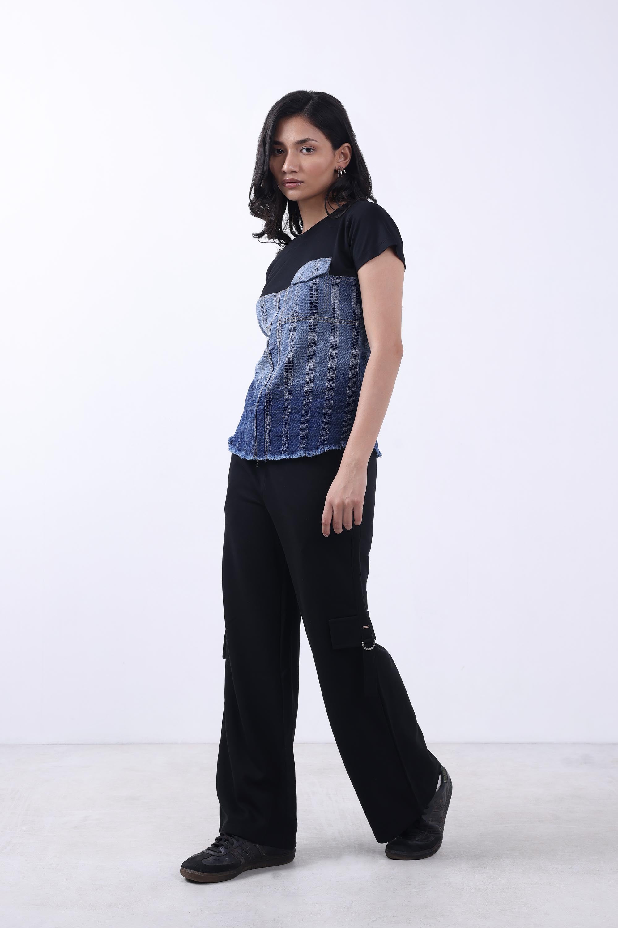ROUND NECK SHORT SLEEVES COLOUR-BLOCKED DENIM CROP TOP BY BONNATY-3