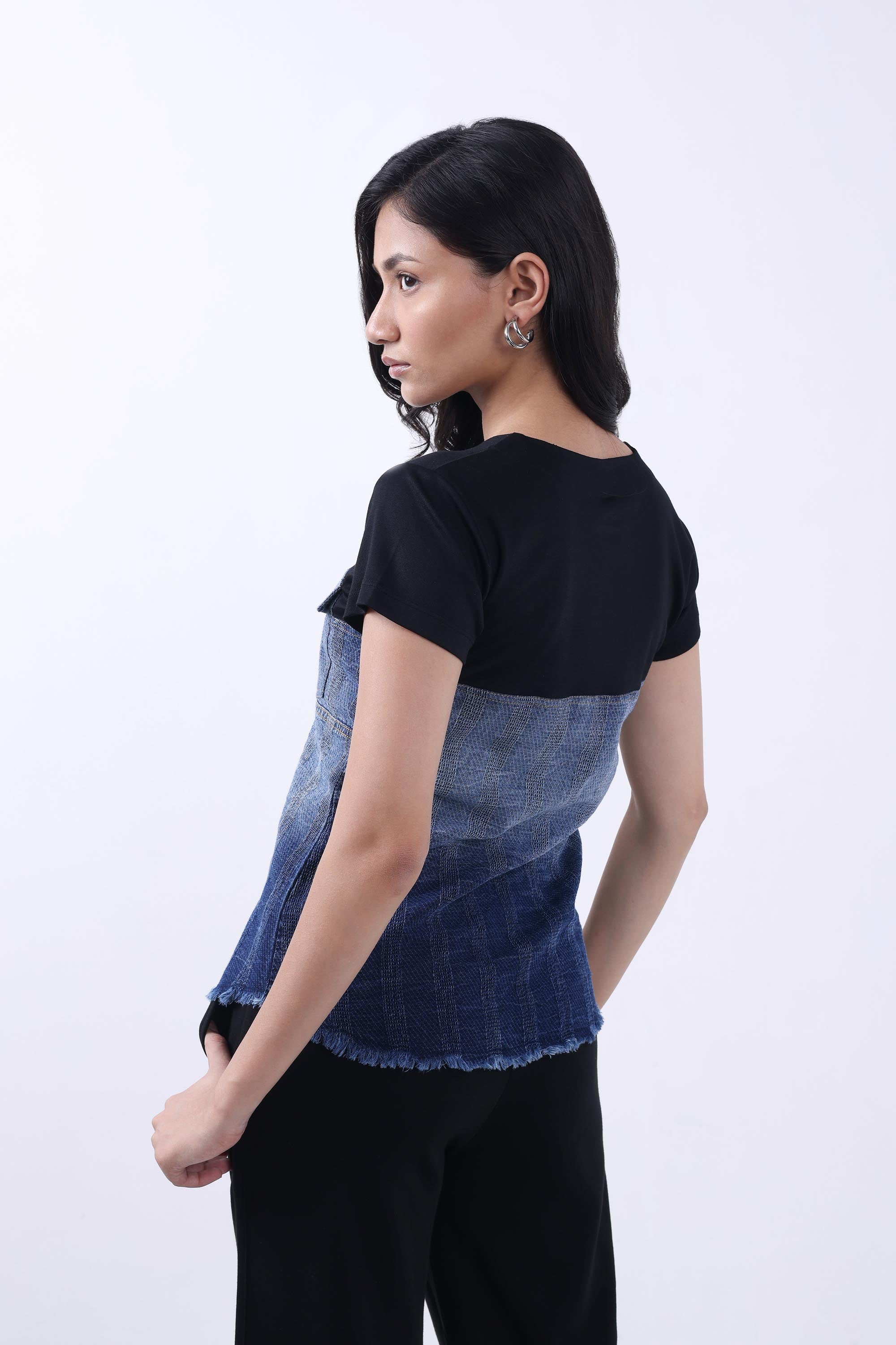 ROUND NECK SHORT SLEEVES COLOUR-BLOCKED DENIM CROP TOP BY BONNATY-4