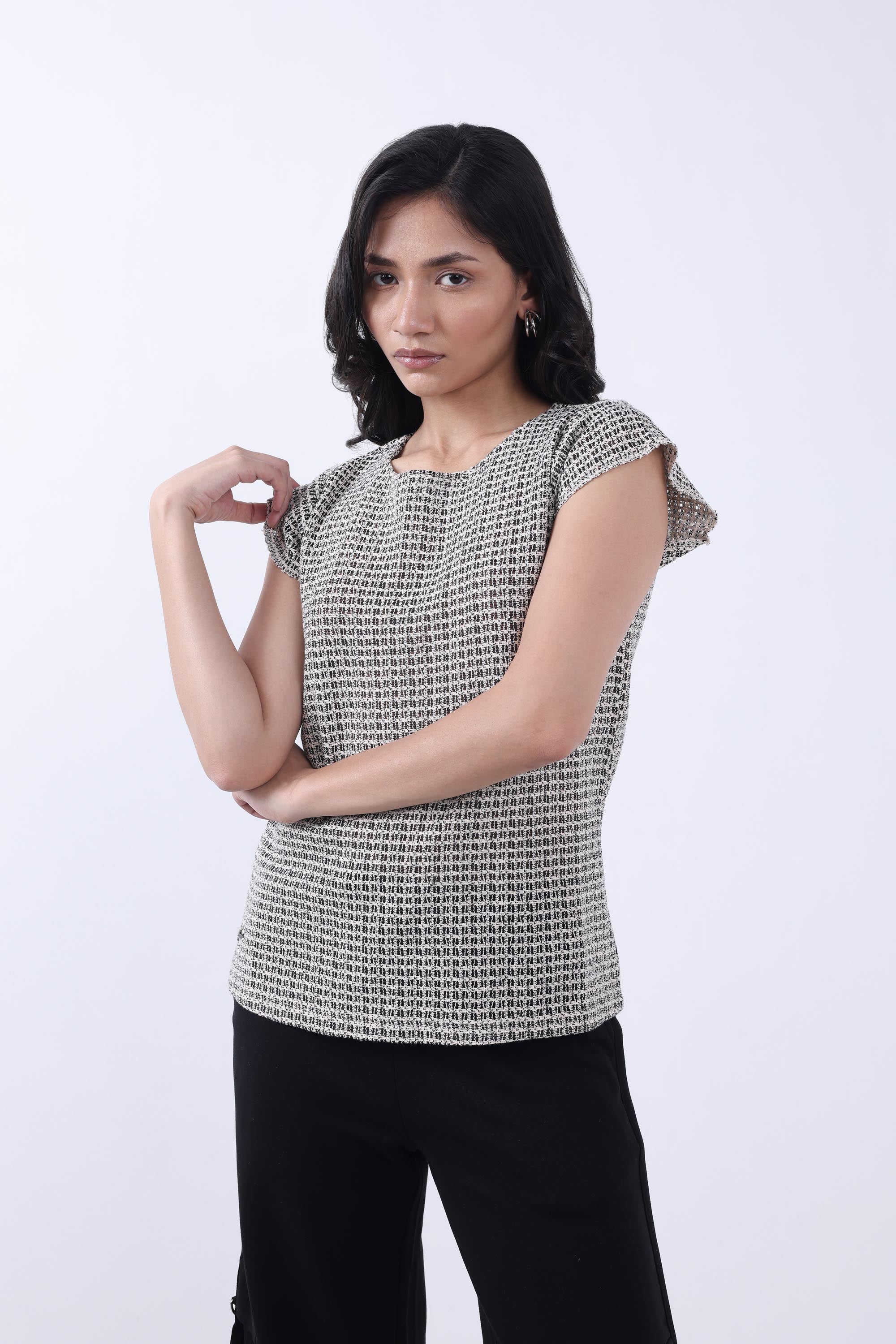 GREY POINTELLE-KNIT WOMEN TOP-3