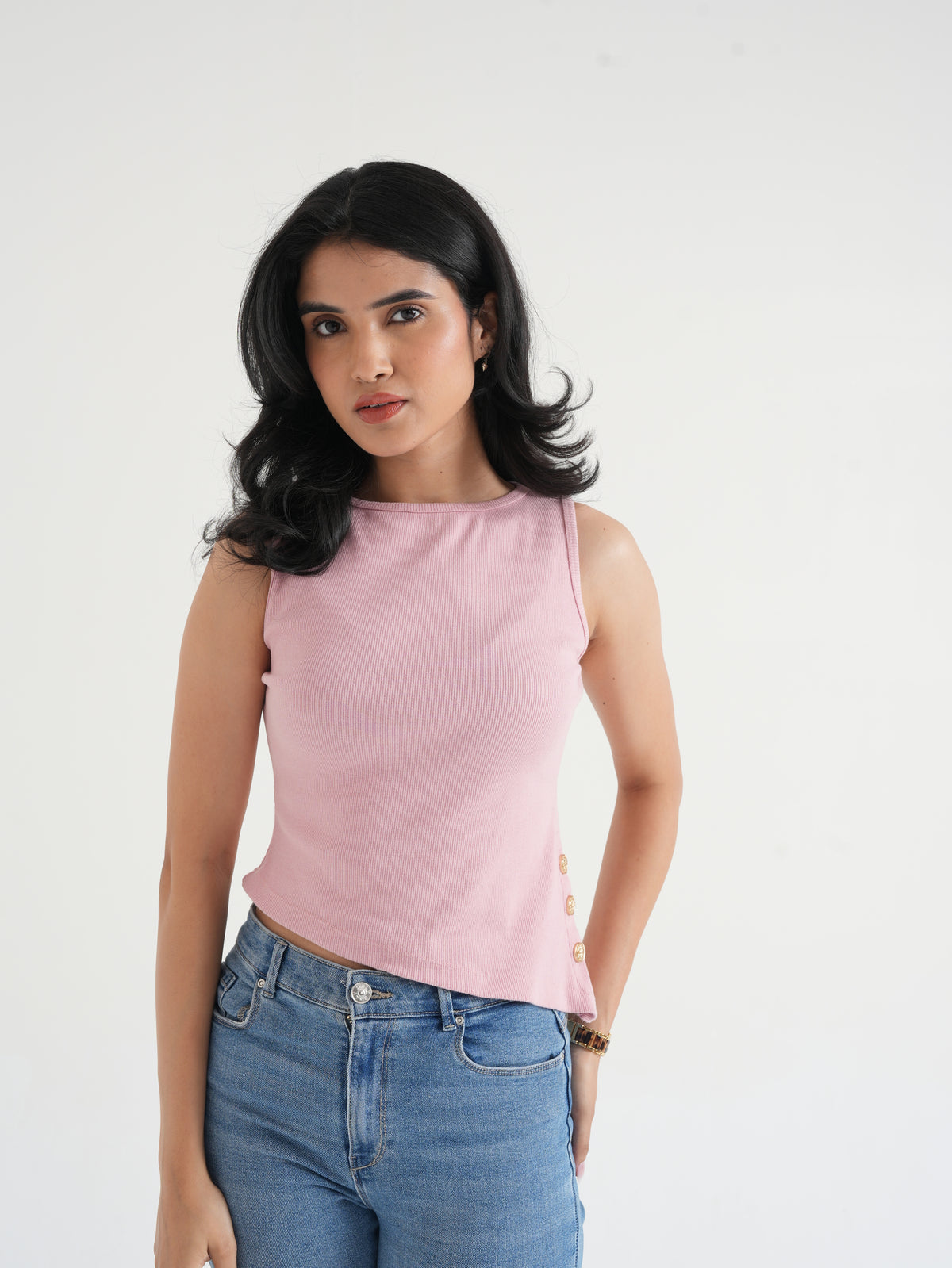 Dusty Pink Ribbed Sleeveless Side-Button Top