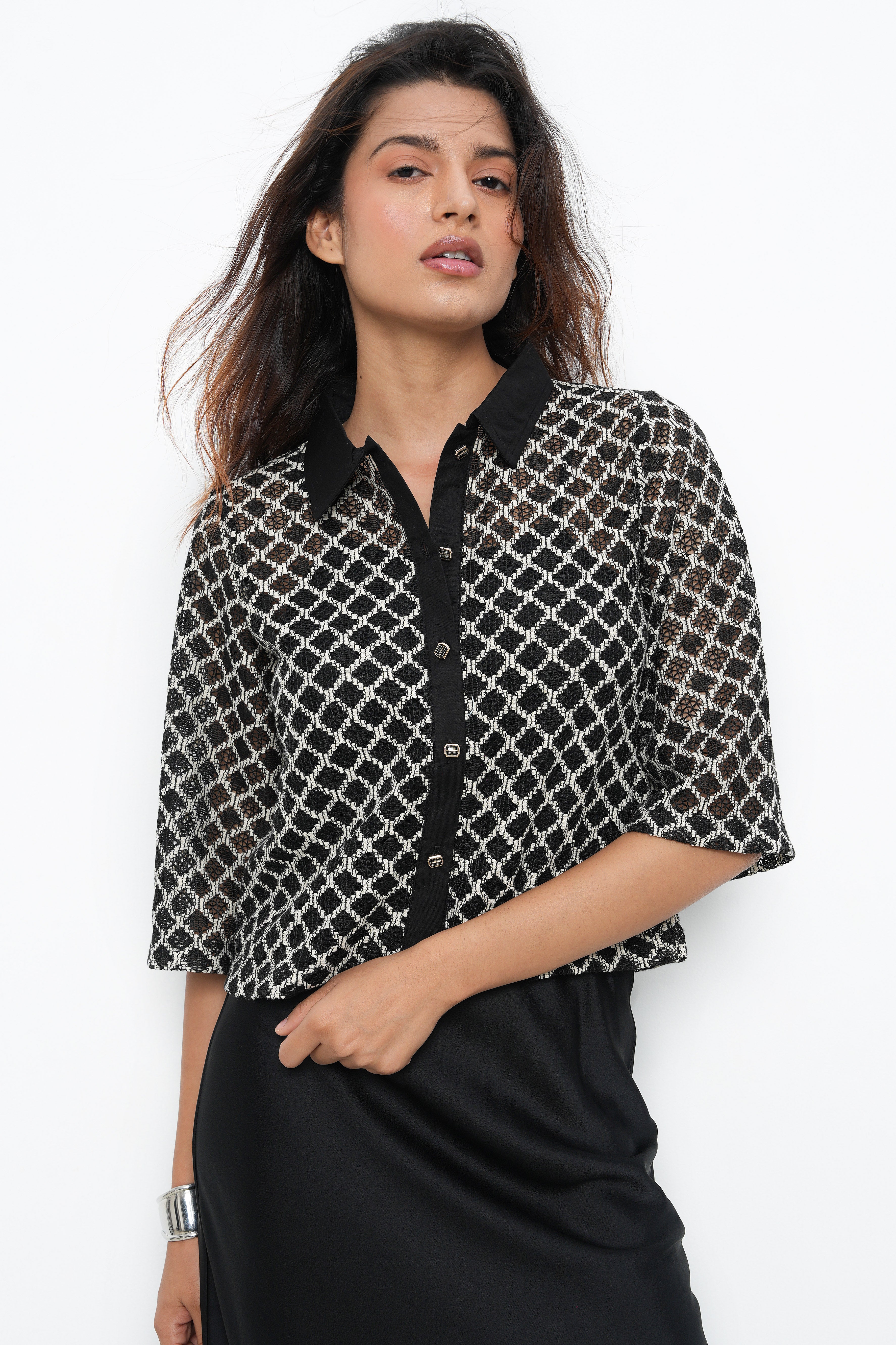 BONNATY BLACK PARTY WEAR LACE SHIRT