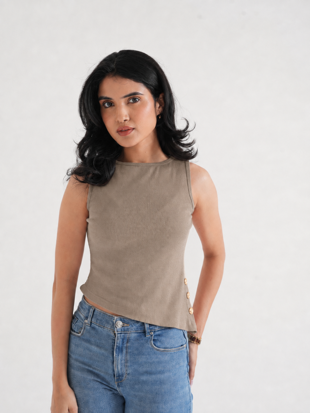 Beige Ribbed Sleeveless Side-Button Top
