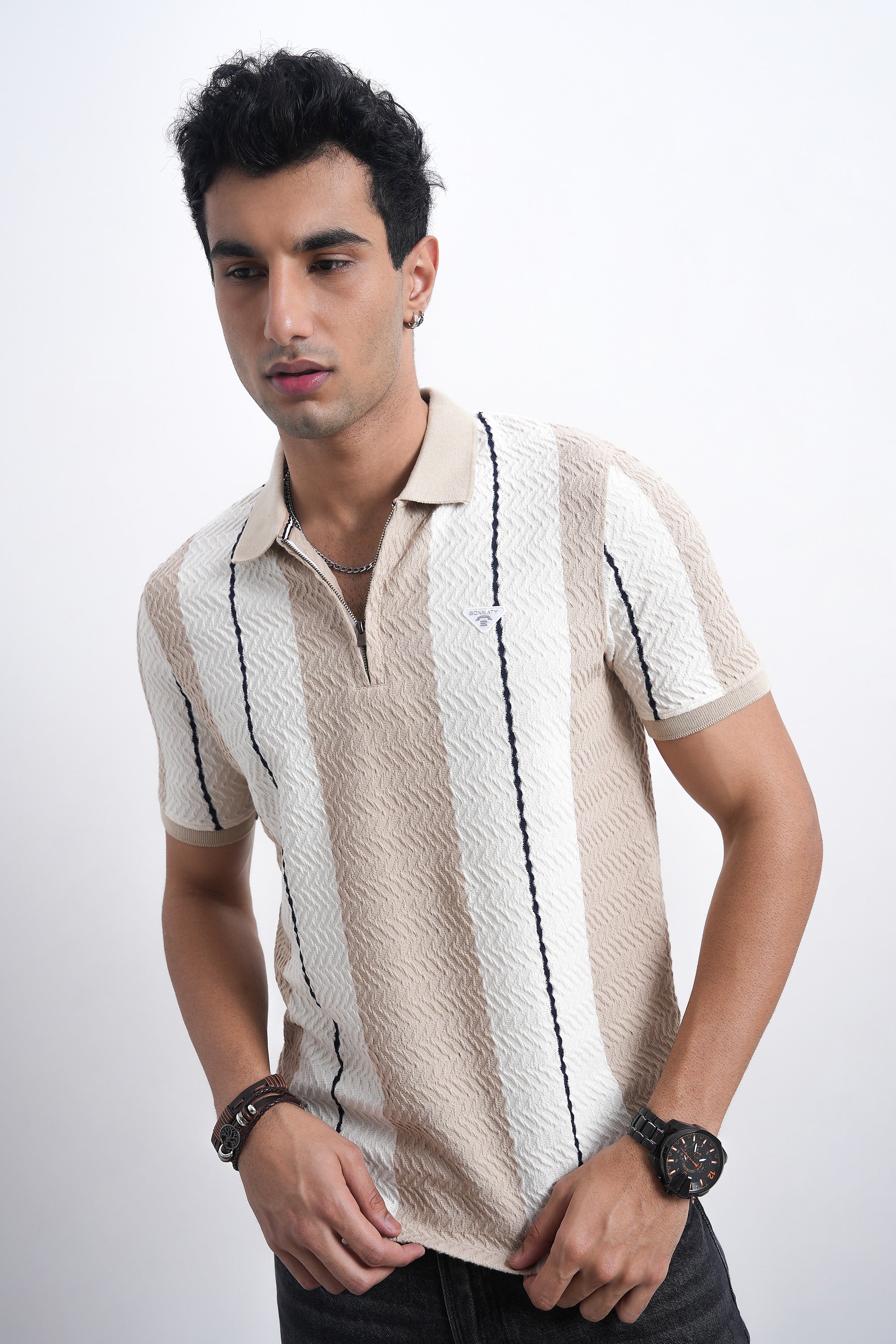 Men Textured Knit Vertical Stripe Zip Polo – Beige & Cream-3