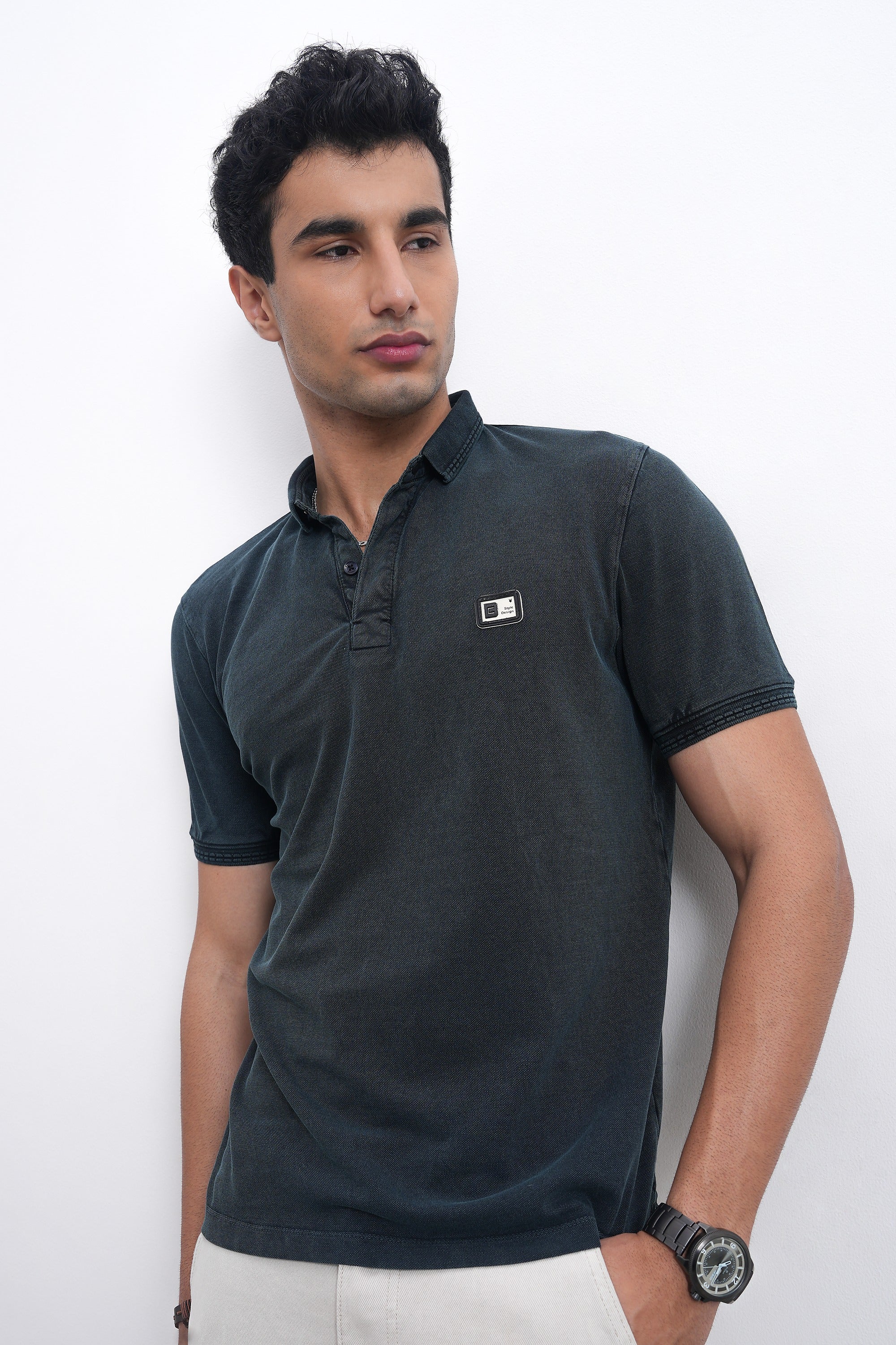 Men Textured Blue Denim Slim-Fit Polo