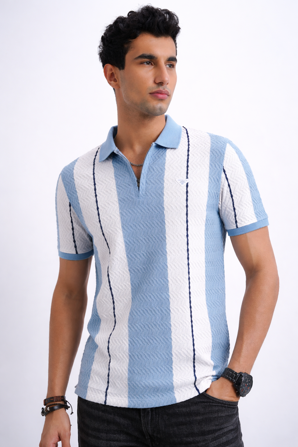Men Textured Knit Vertical Stripe Zip Polo – Sky & Cream