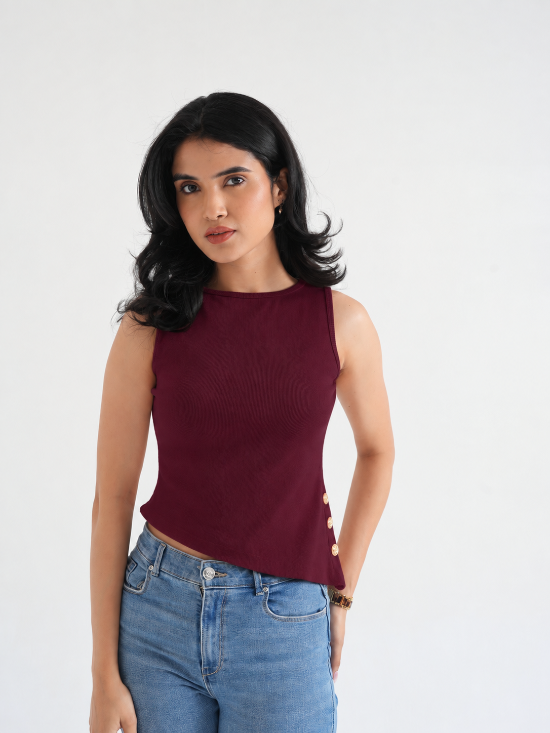 Chilly Ribbed Sleeveless Side-Button Top