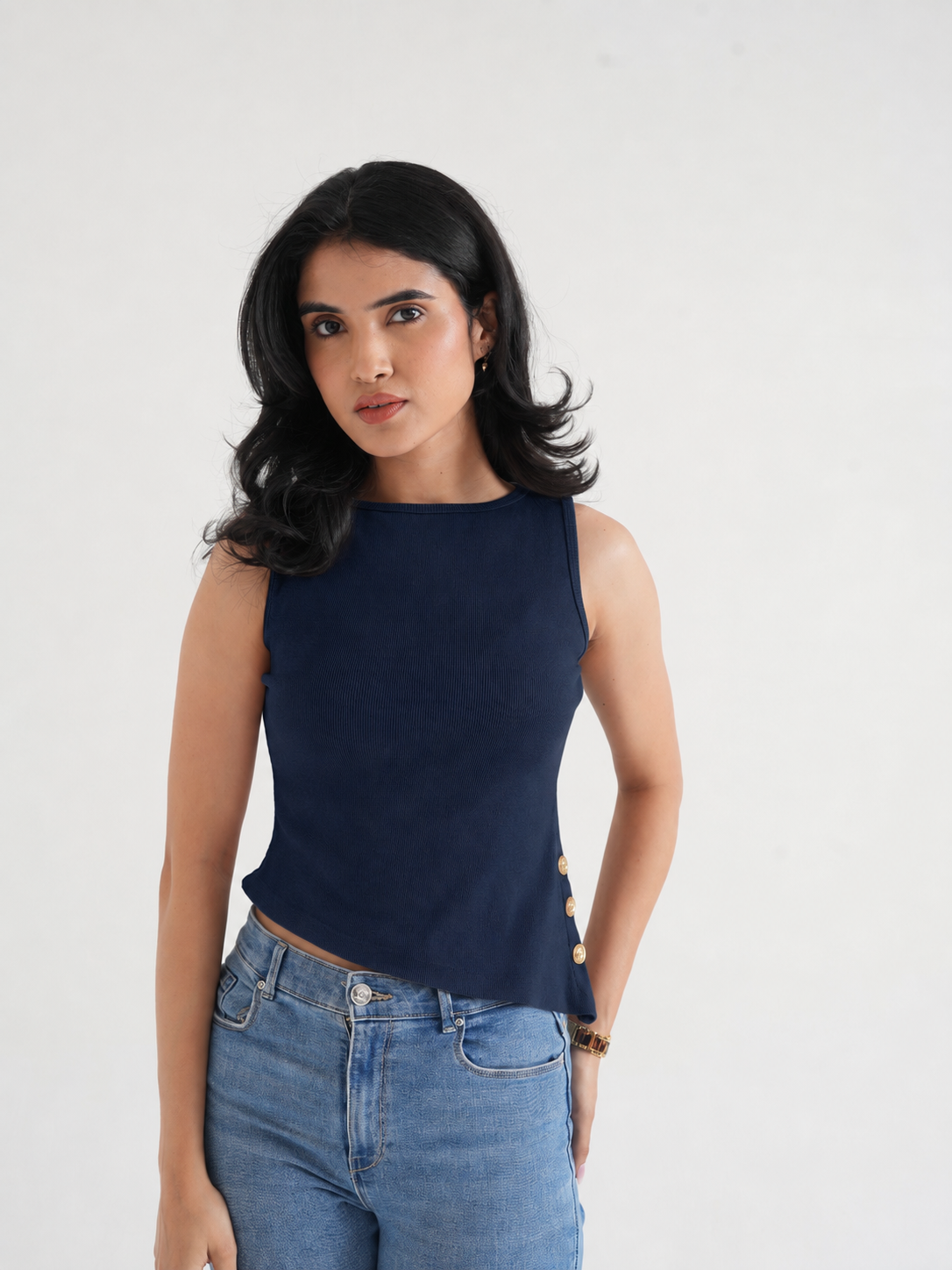 Navy Ribbed Sleeveless Side-Button Top
