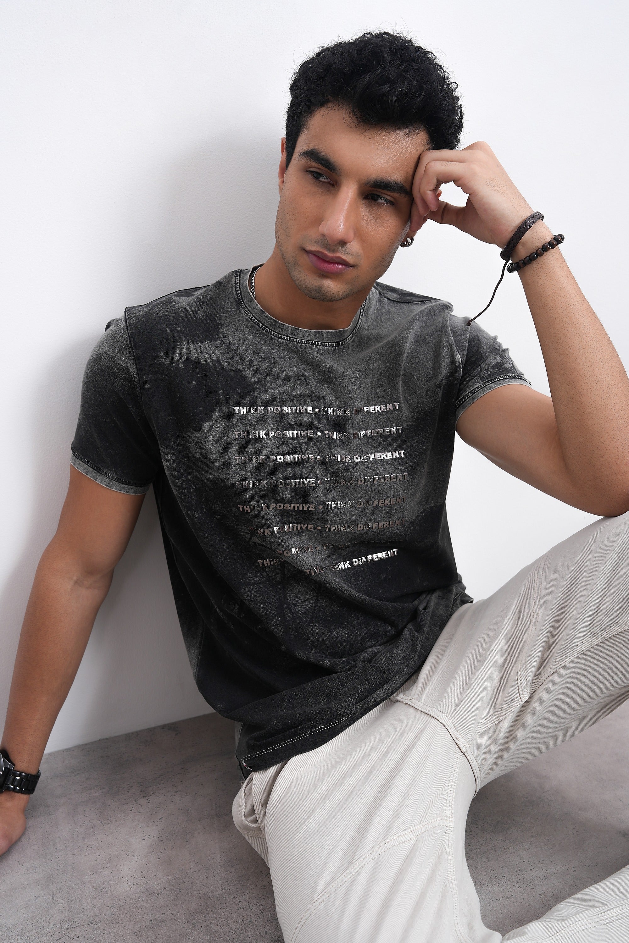 Men’s Vintage Acid Wash Typography Tee – Faded Black