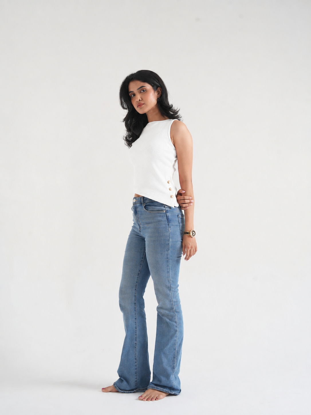 Off-White Ribbed Sleeveless Side-Button Top