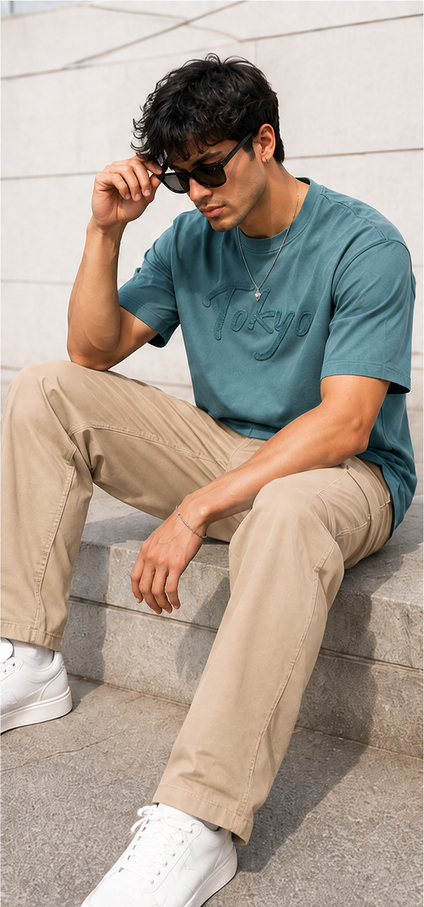 Men Faded Sage Green Tokyo Embossed Graphic T-Shirt-3