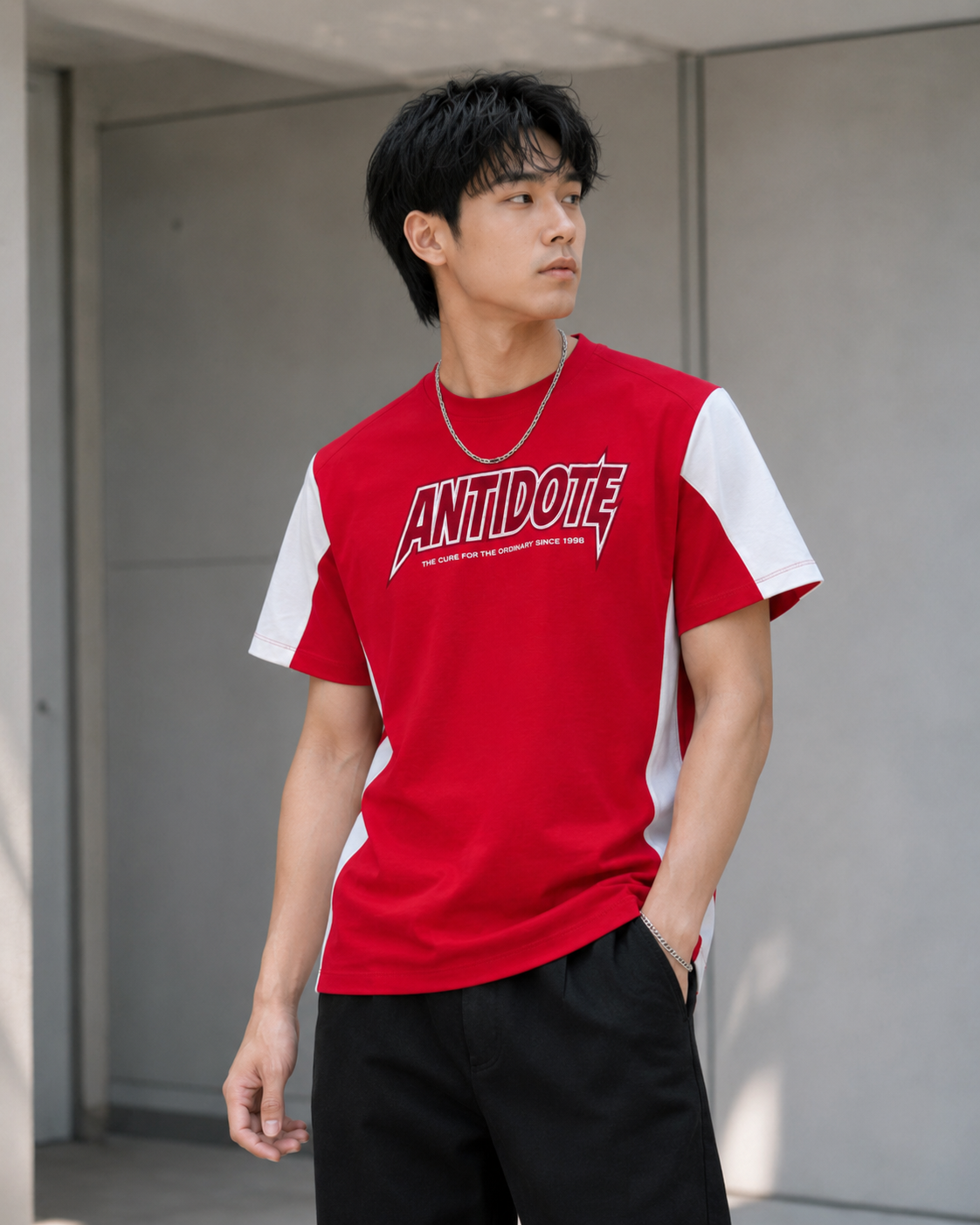 Men Red & White ANTIDOTE Typography Printed Colorblocked Crew Neck T-Shirt-3
