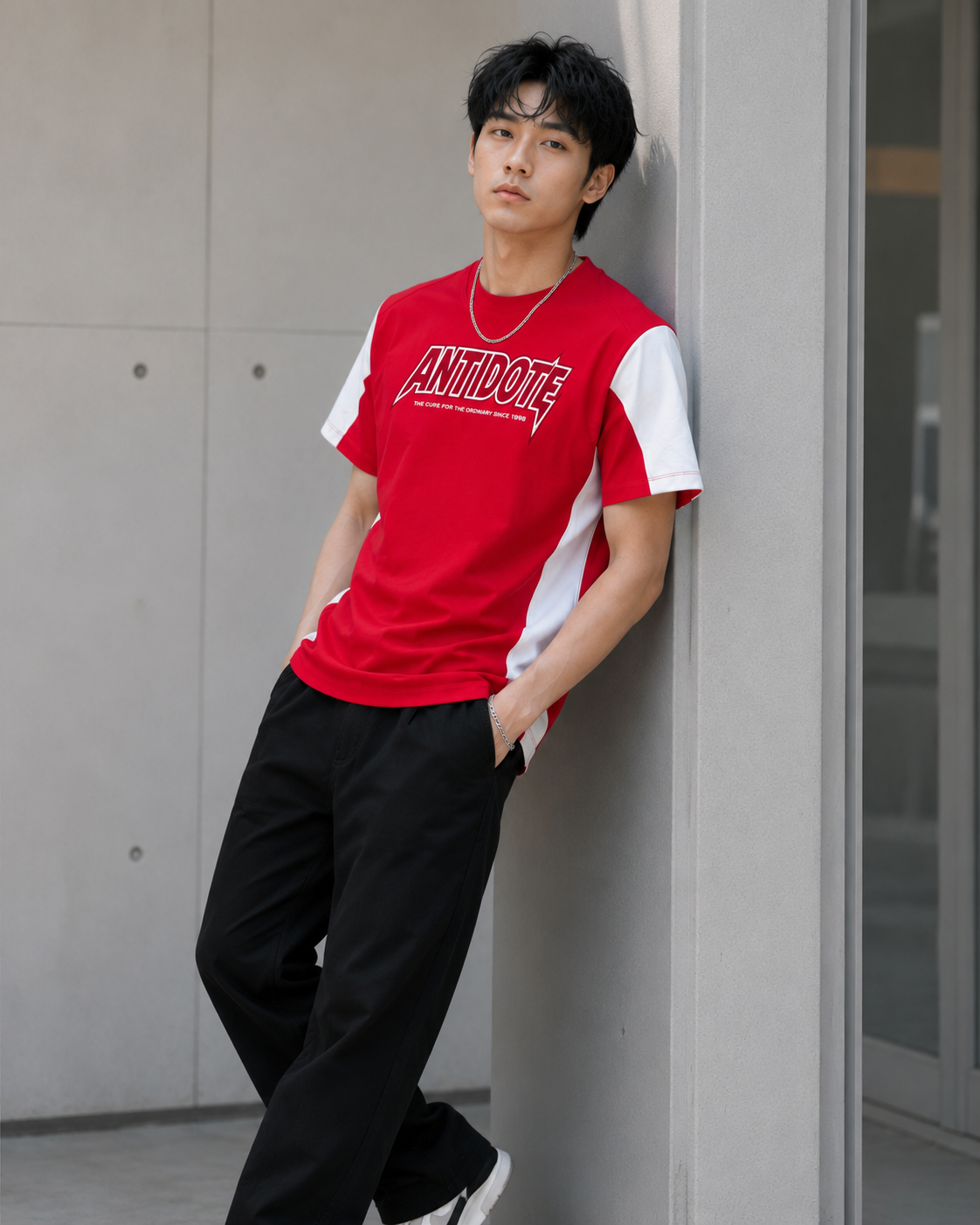 Men Red & White ANTIDOTE Typography Printed Colorblocked Crew Neck T-Shirt
