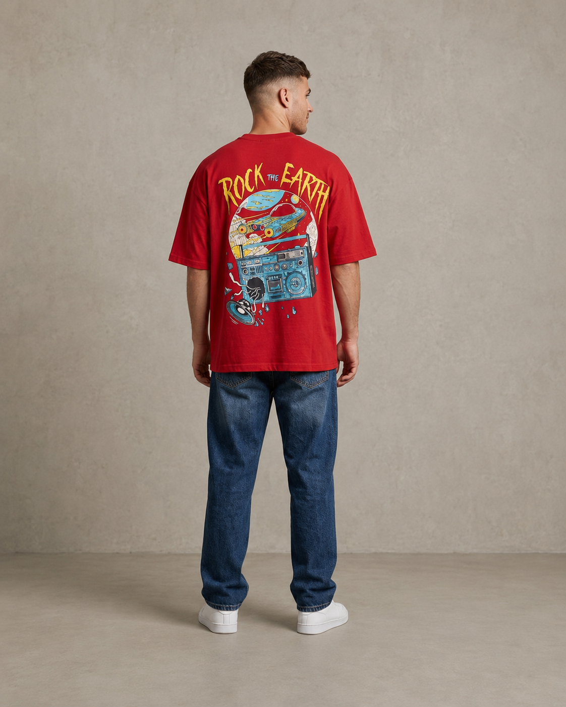 Men Red ROCK THE EARTH Retro Graphic Oversized T-Shirt-3