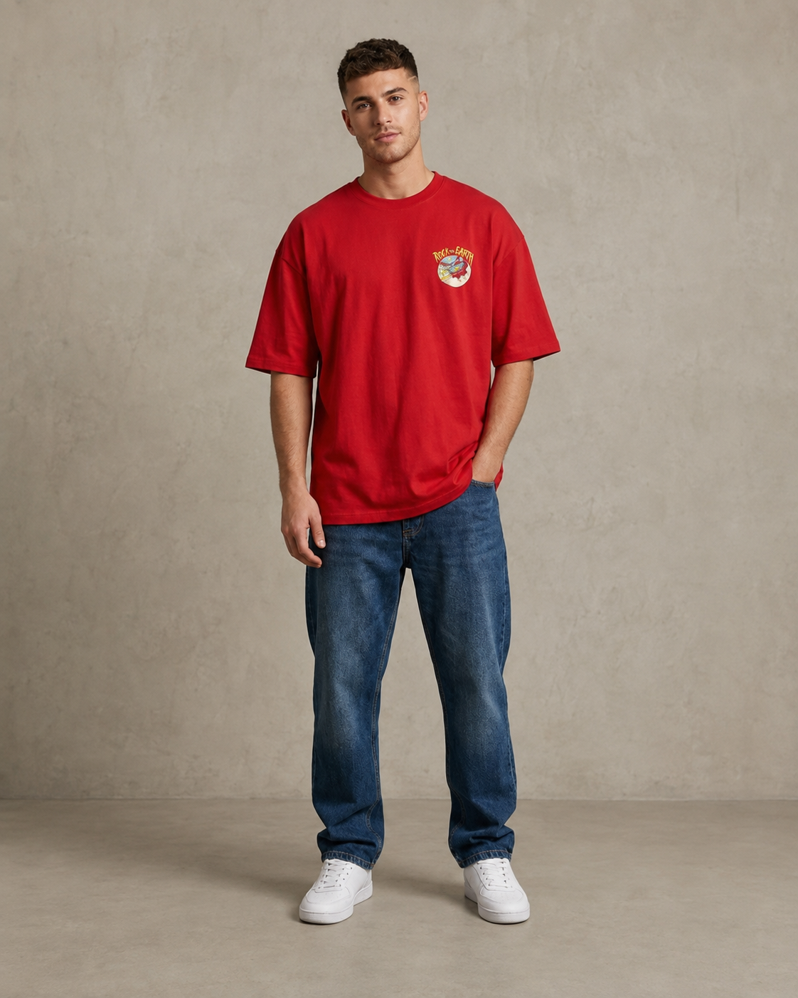 Men Red ROCK THE EARTH Retro Graphic Oversized T-Shirt-4