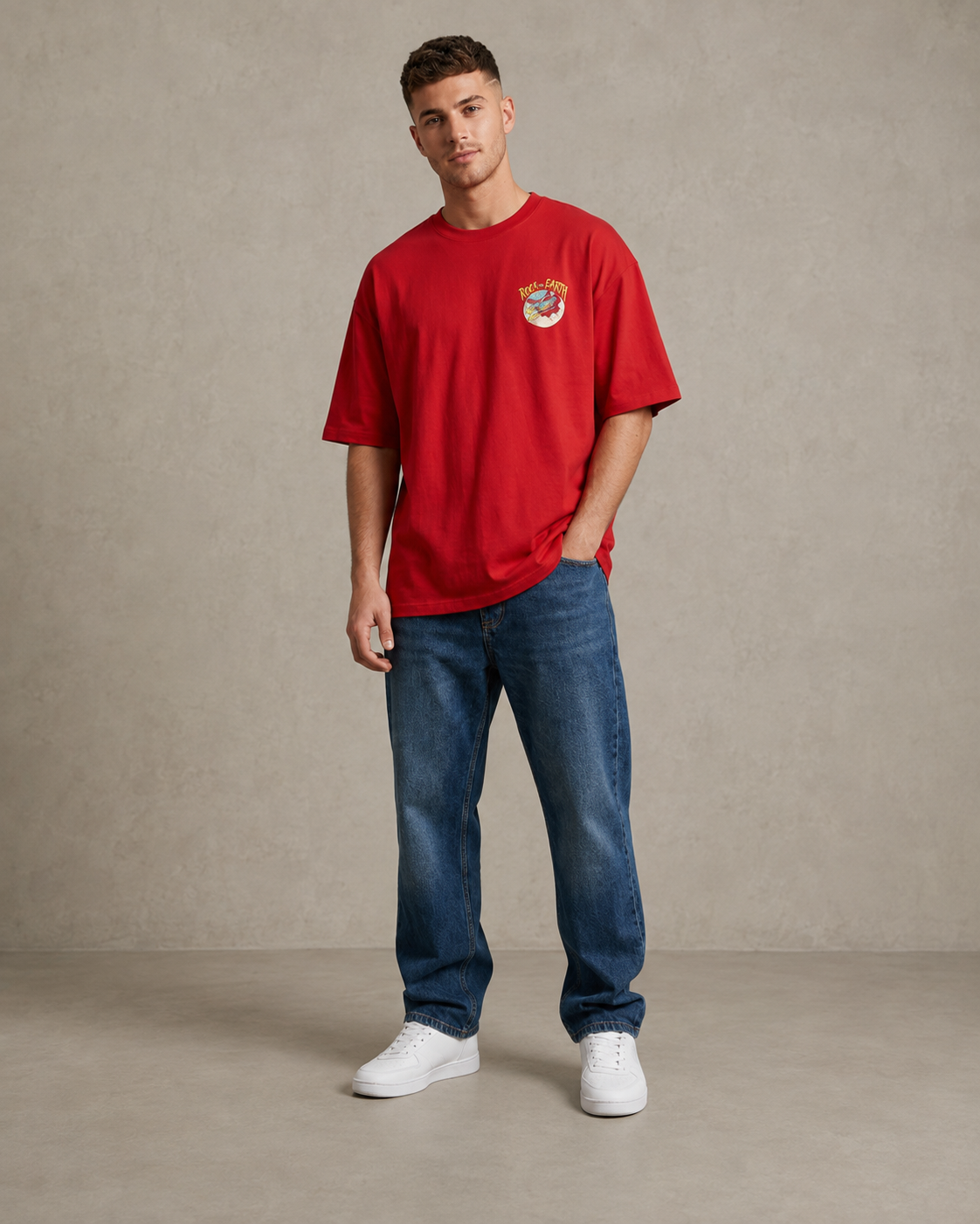 Men Red ROCK THE EARTH Retro Graphic Oversized T-Shirt-5