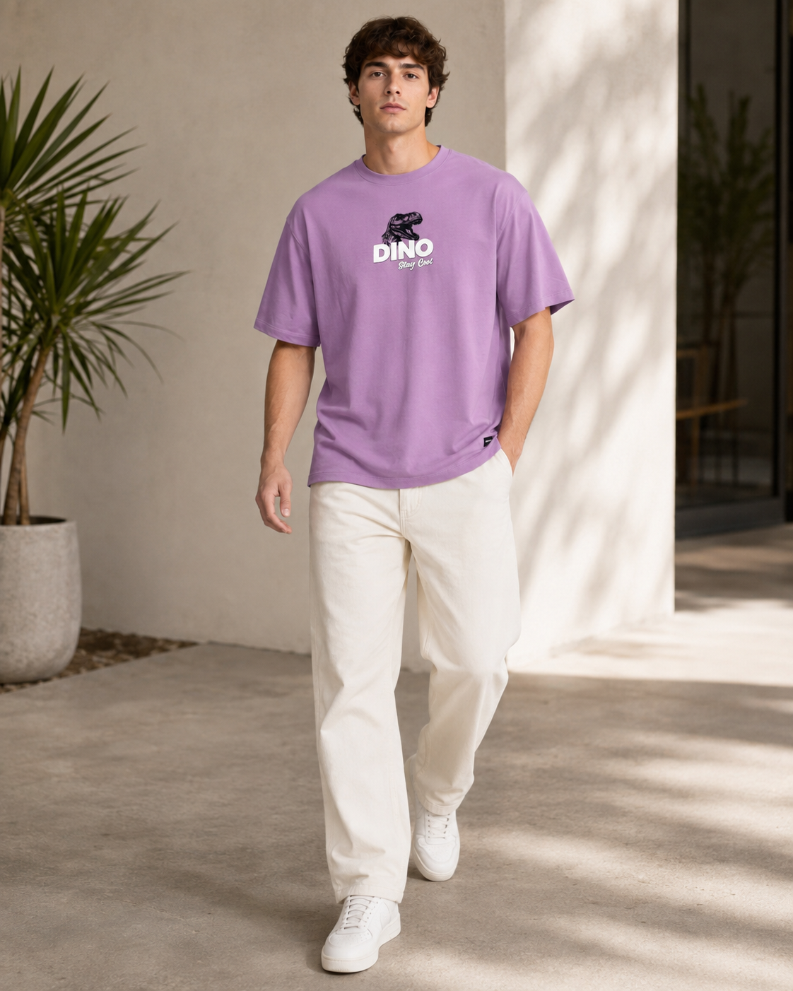 Men Lilac CHILL LIKE A DINO Tropical Graphic Oversized T-Shirt-3