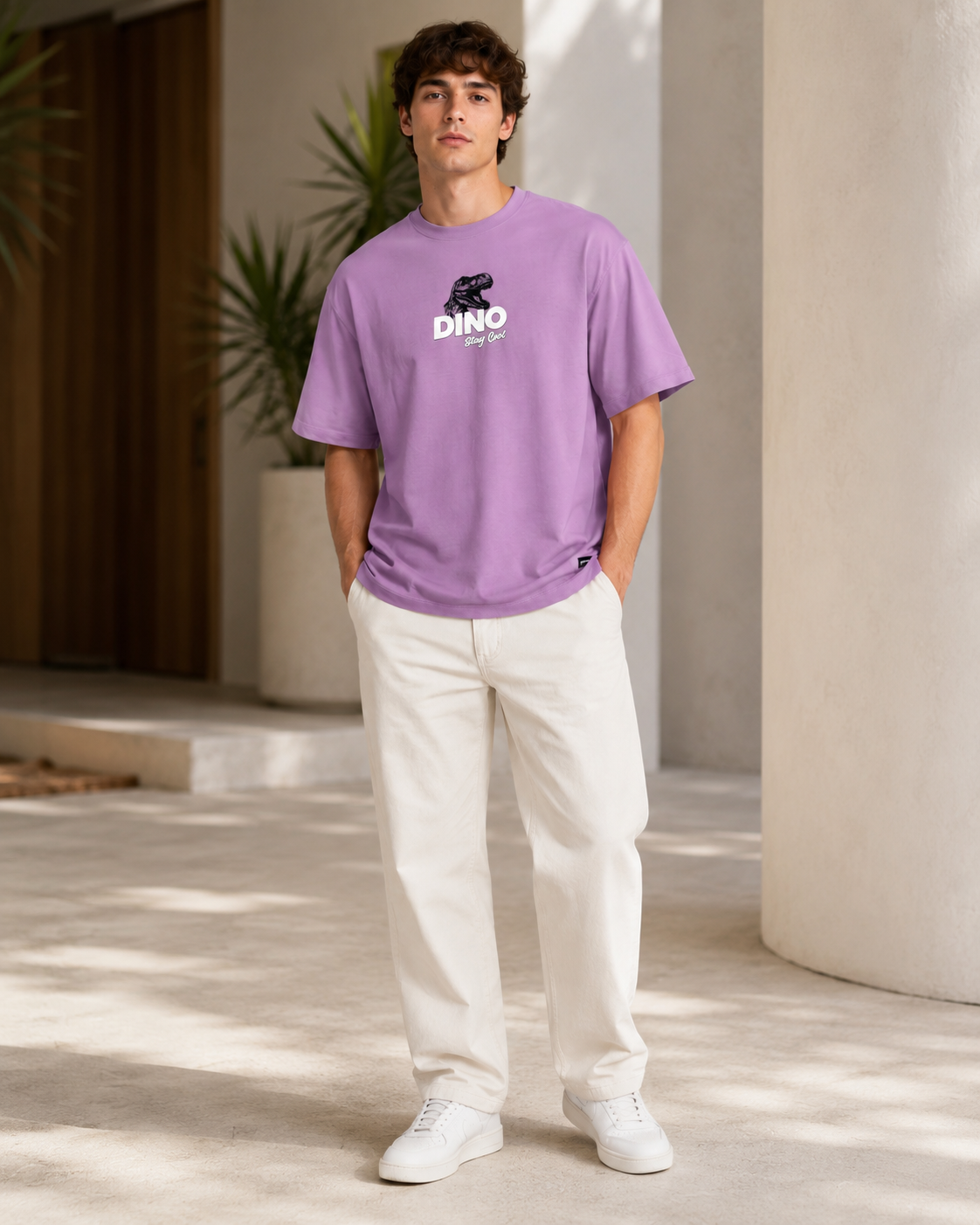 Men Lilac CHILL LIKE A DINO Tropical Graphic Oversized T-Shirt-4
