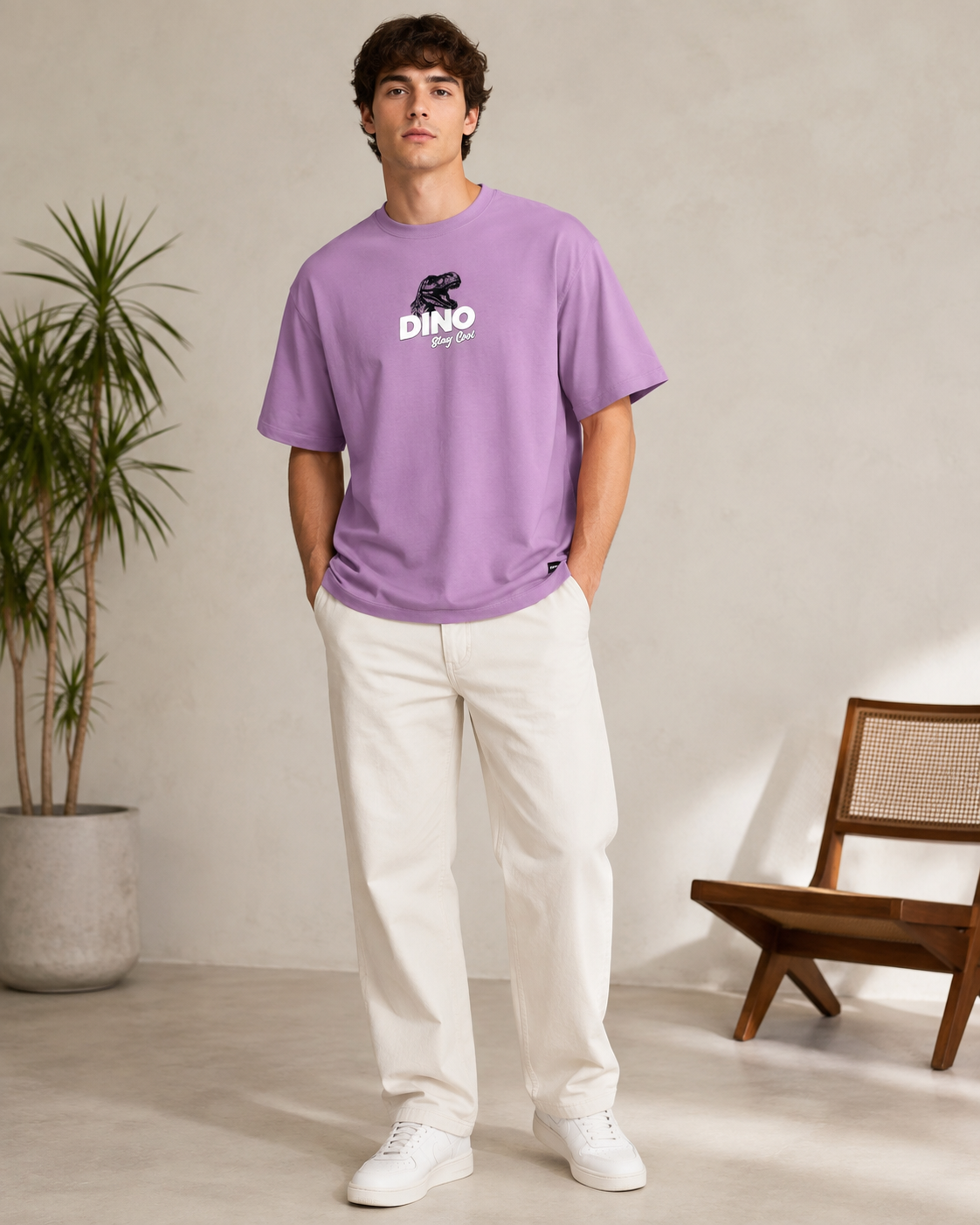 Men Lilac CHILL LIKE A DINO Tropical Graphic Oversized T-Shirt-5
