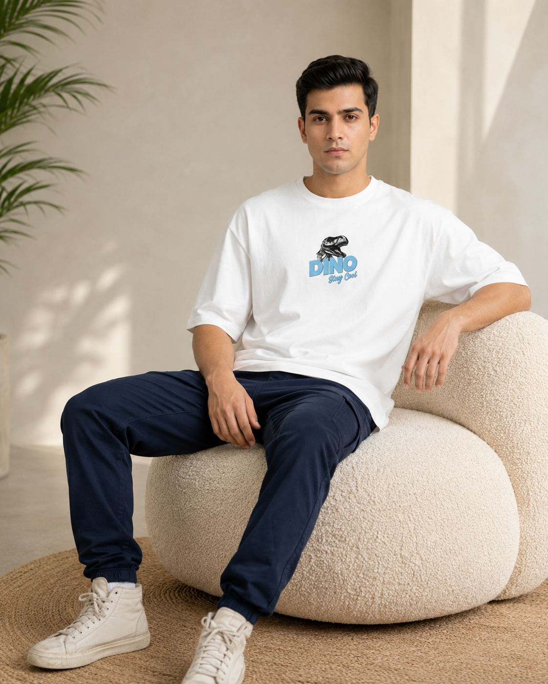 Men White CHILL LIKE A DINO Tropical Graphic Oversized T-Shirt-3