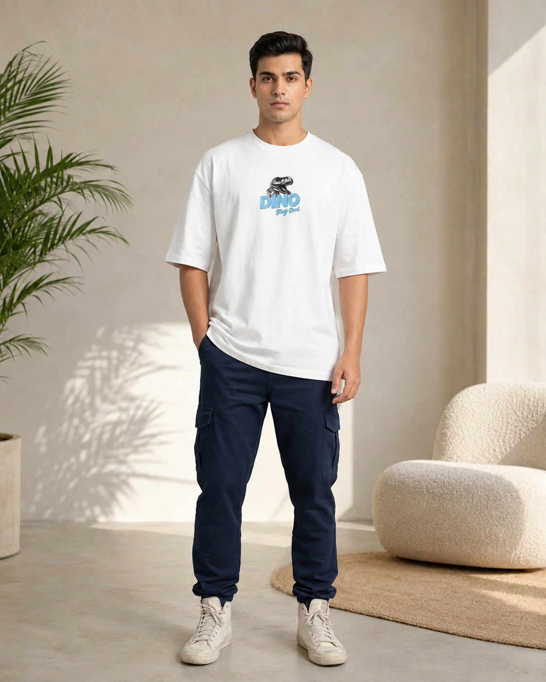 Men White CHILL LIKE A DINO Tropical Graphic Oversized T-Shirt-4