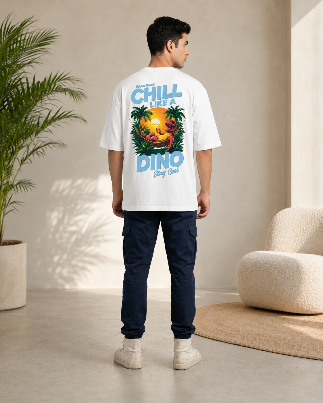 Men White CHILL LIKE A DINO Tropical Graphic Oversized T-Shirt-5
