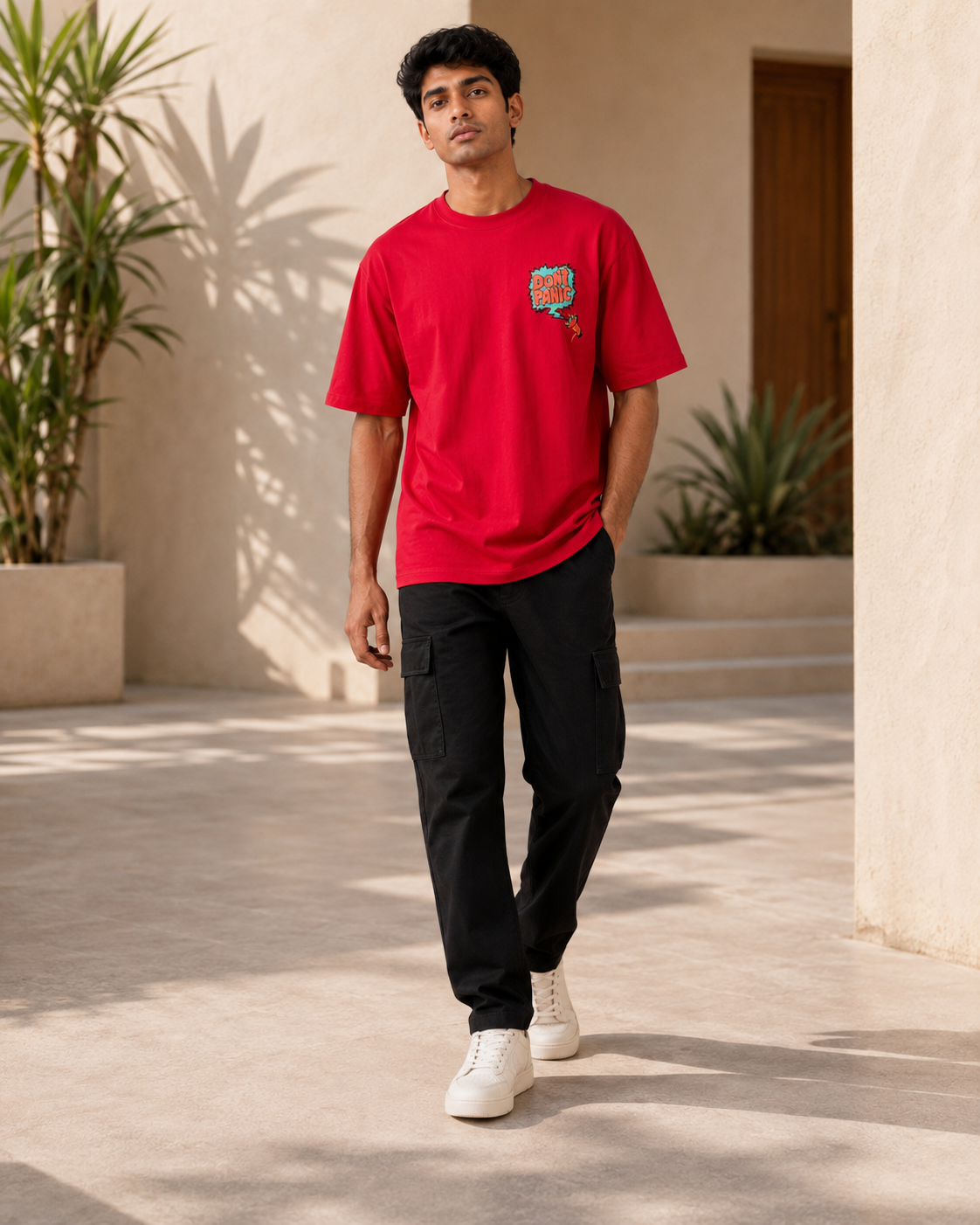 Men Red DONT PANIC & DO IT YOUR WAY Graphic Oversized T-Shirt-3