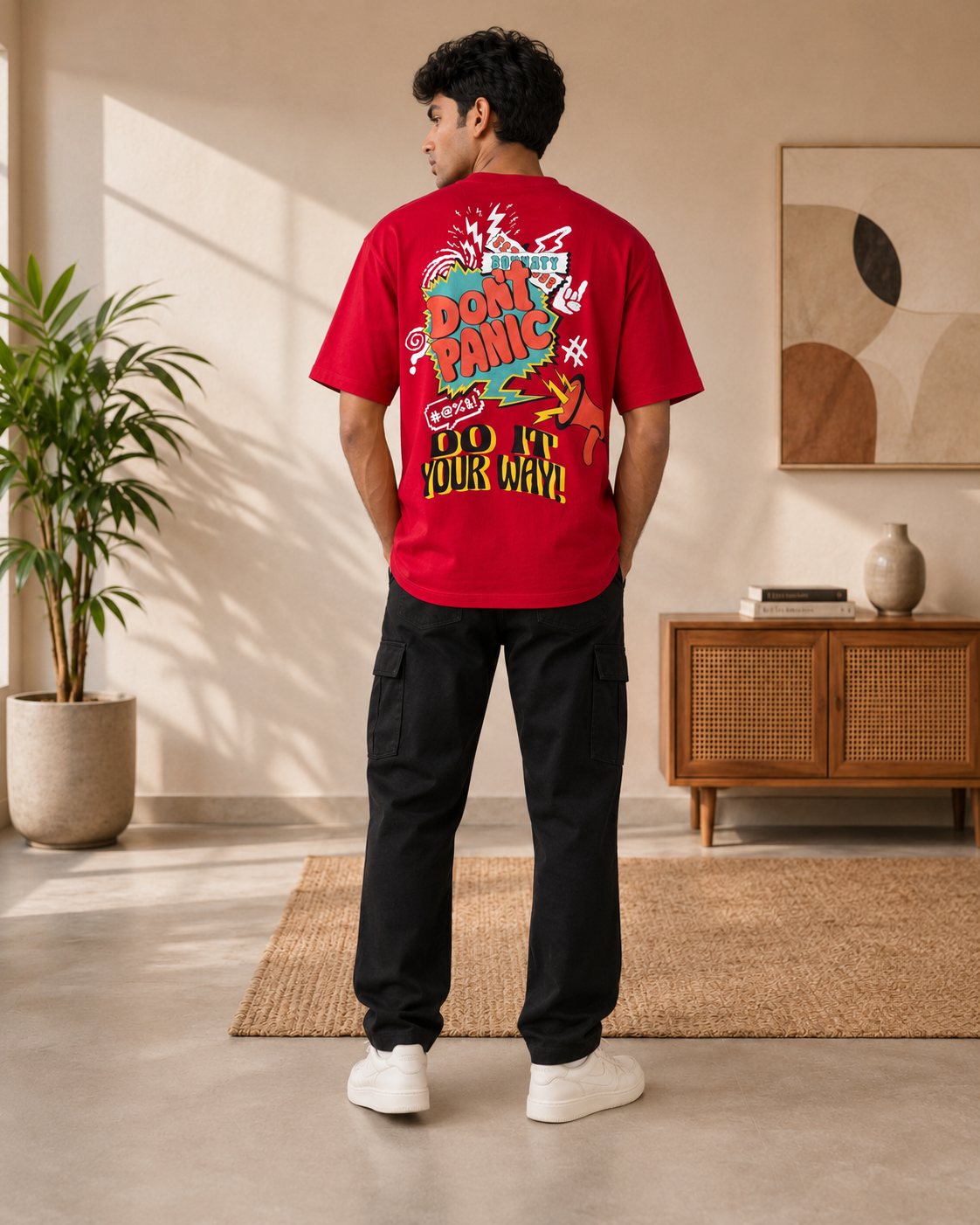 Men Red DONT PANIC & DO IT YOUR WAY Graphic Oversized T-Shirt-4