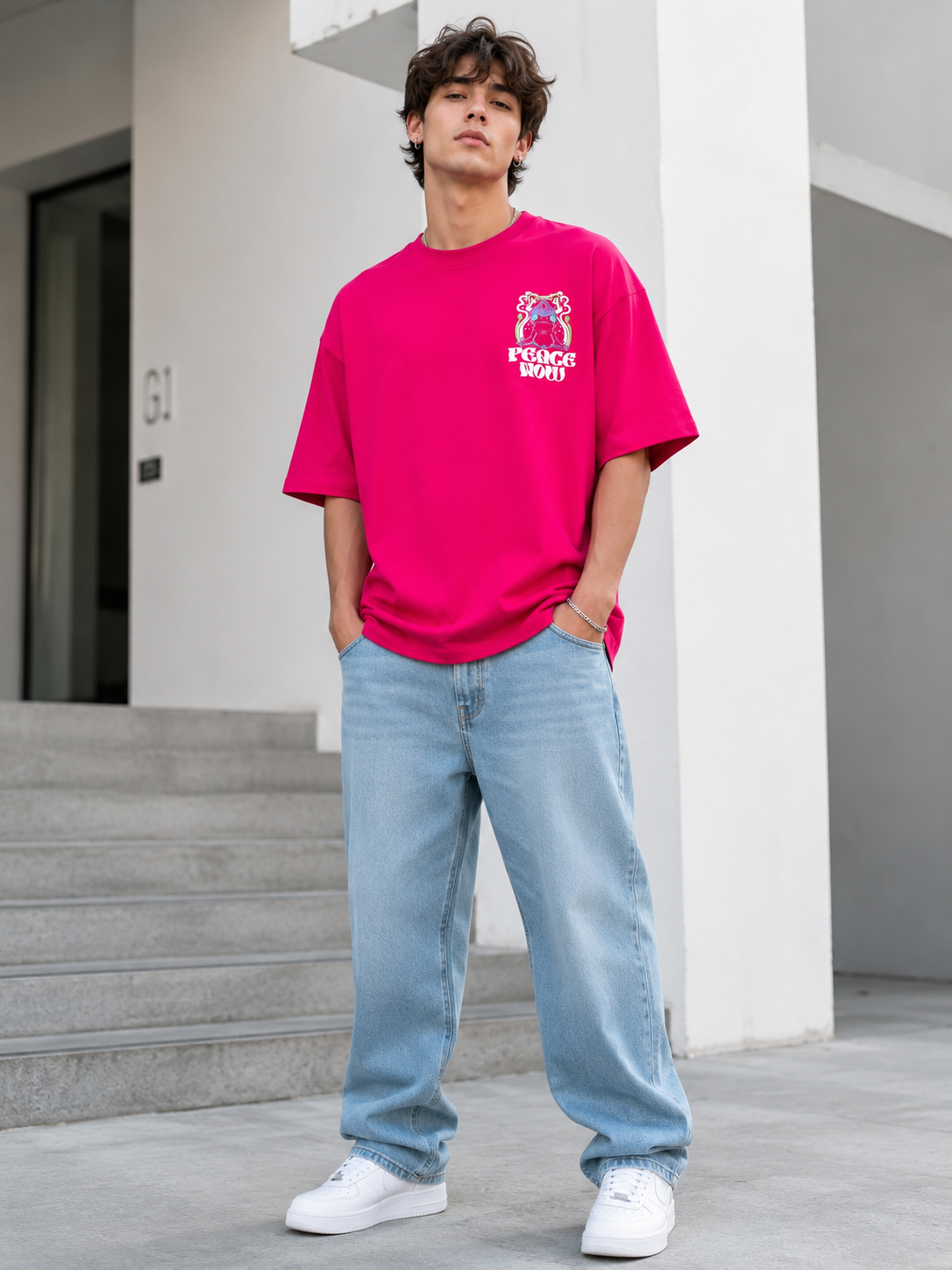 Men Flamingo Pink Graphic Relaxed Oversized T-Shirt-3