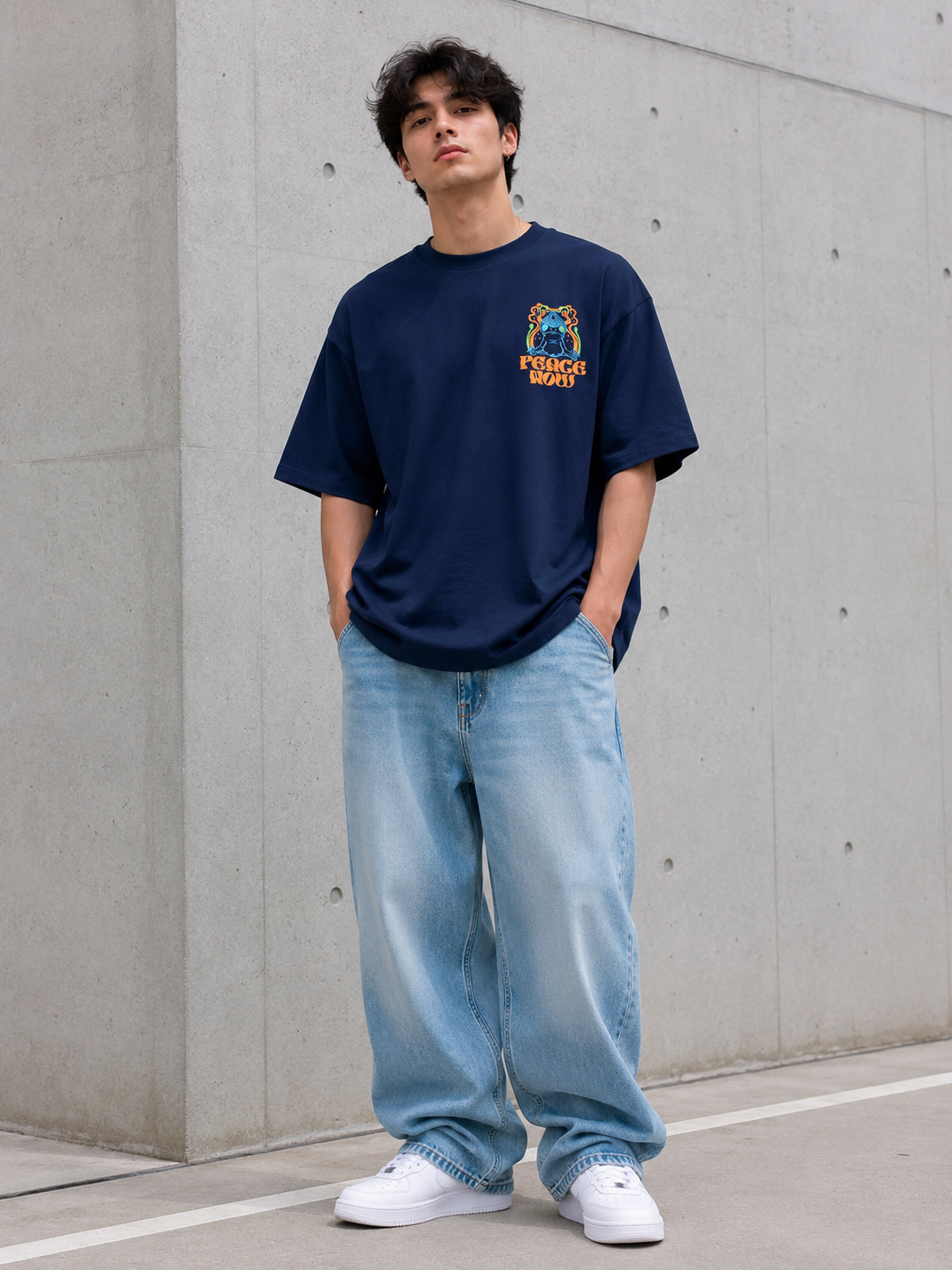 Men Navy Blue Graphic Relaxed Oversized T-Shirt-3