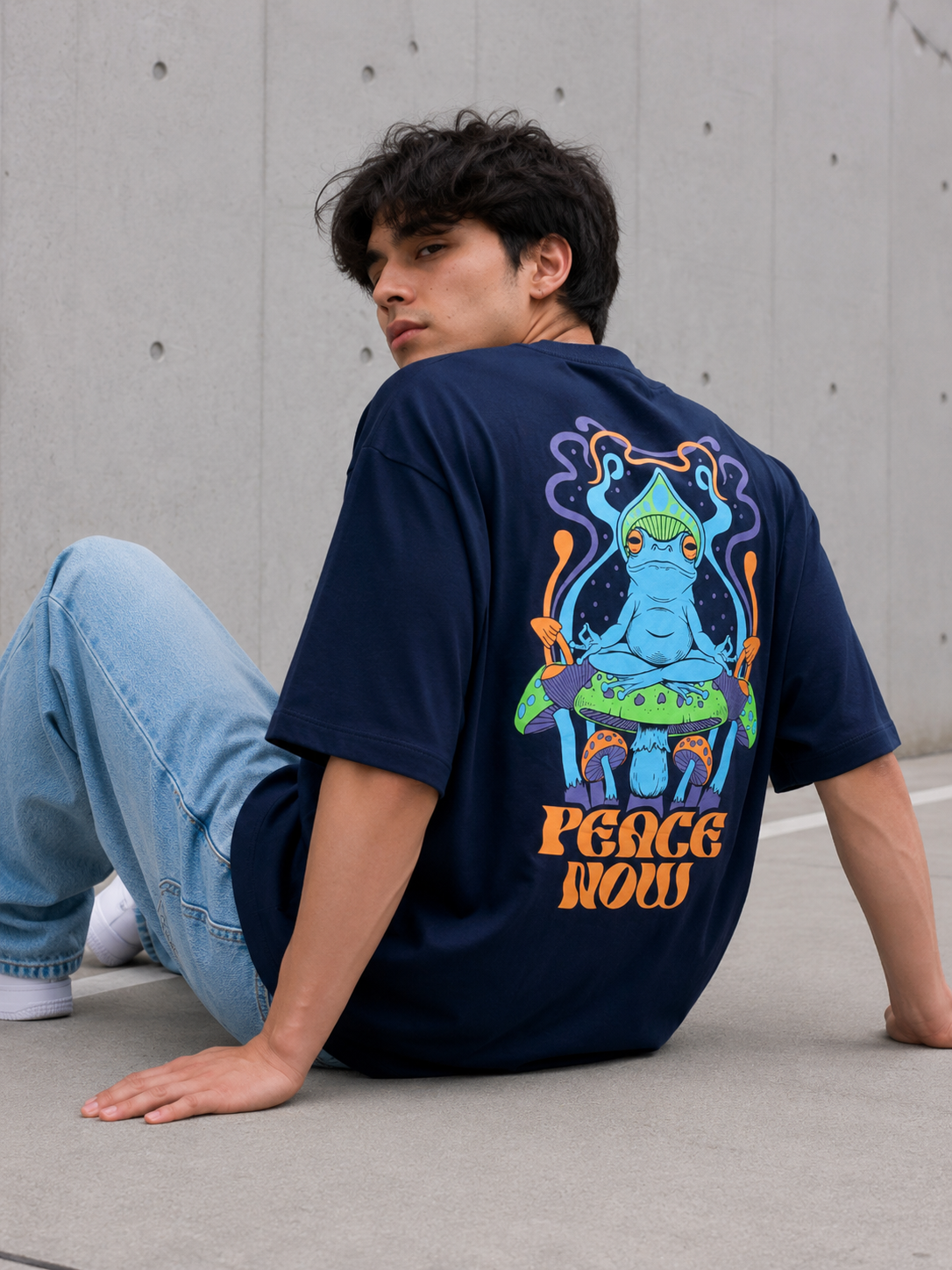 Men Navy Blue Graphic Relaxed Oversized T-Shirt