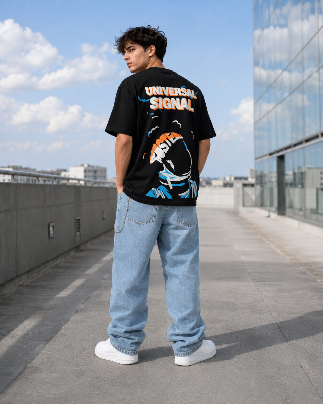 Men Black UNIVERSAL SIGNAL Astronaut Graphic Oversized T-Shirt-4