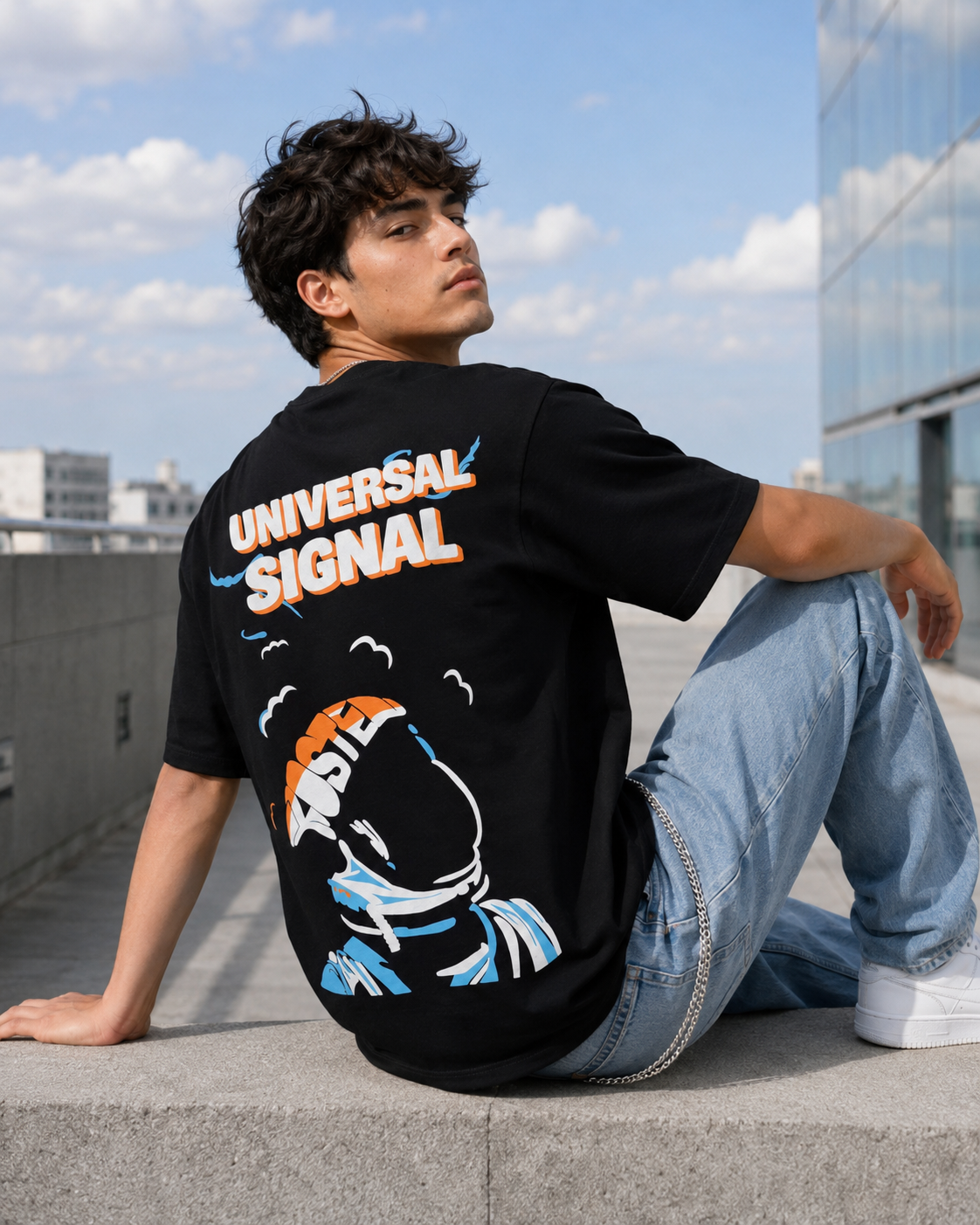 Men Black UNIVERSAL SIGNAL Astronaut Graphic Oversized T-Shirt
