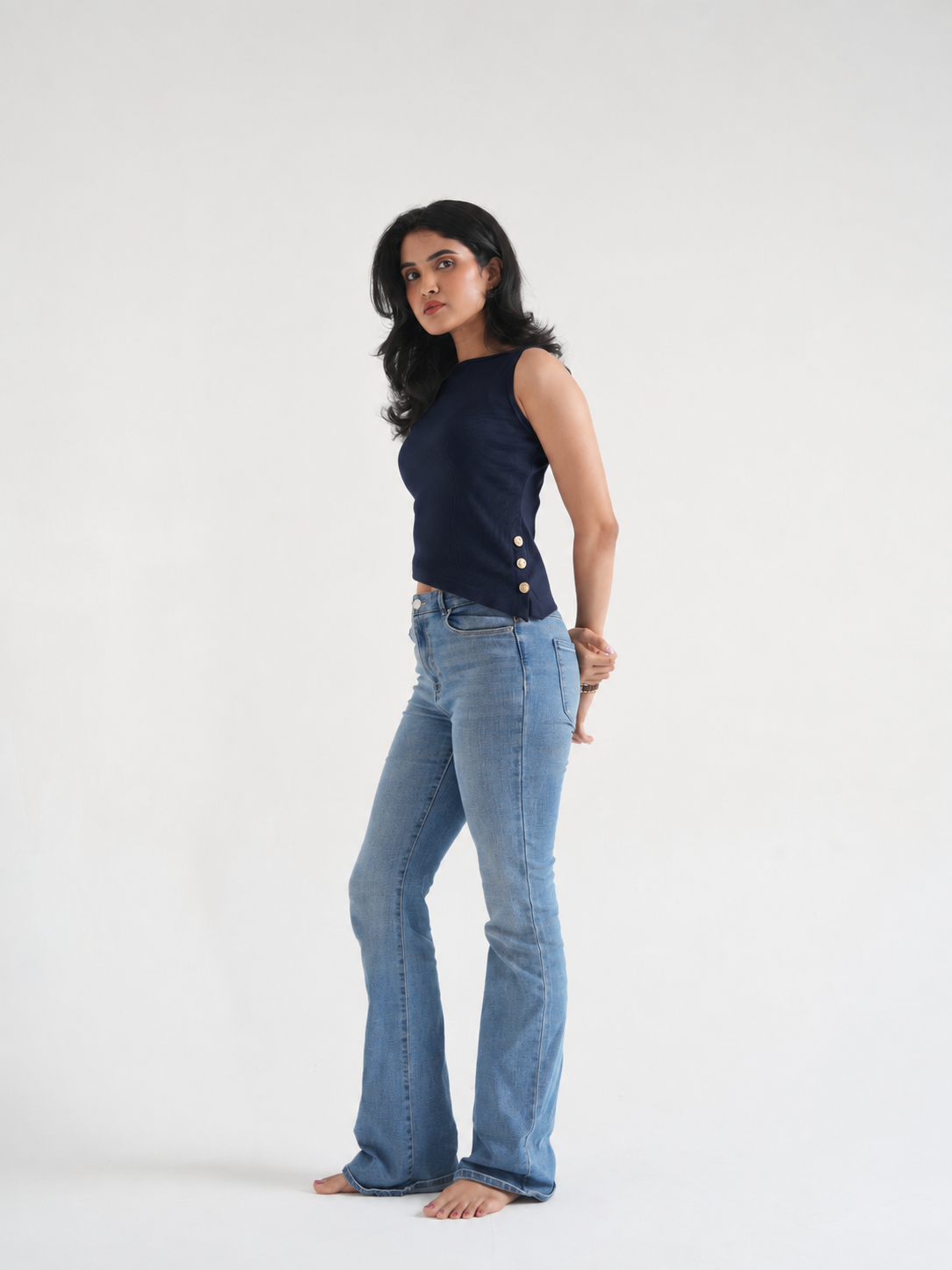 Navy Ribbed Sleeveless Side-Button Top