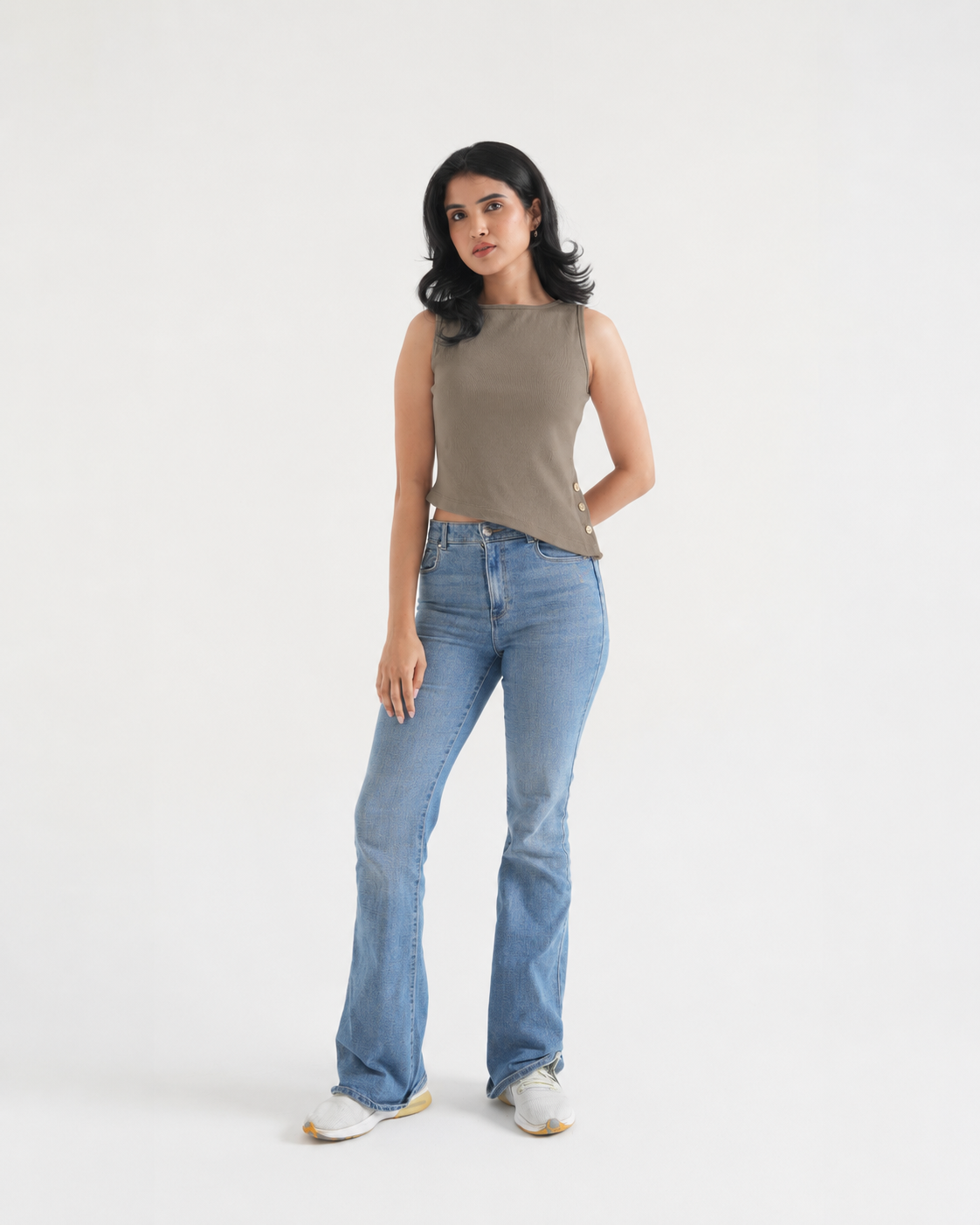 Beige Ribbed Sleeveless Side-Button Top
