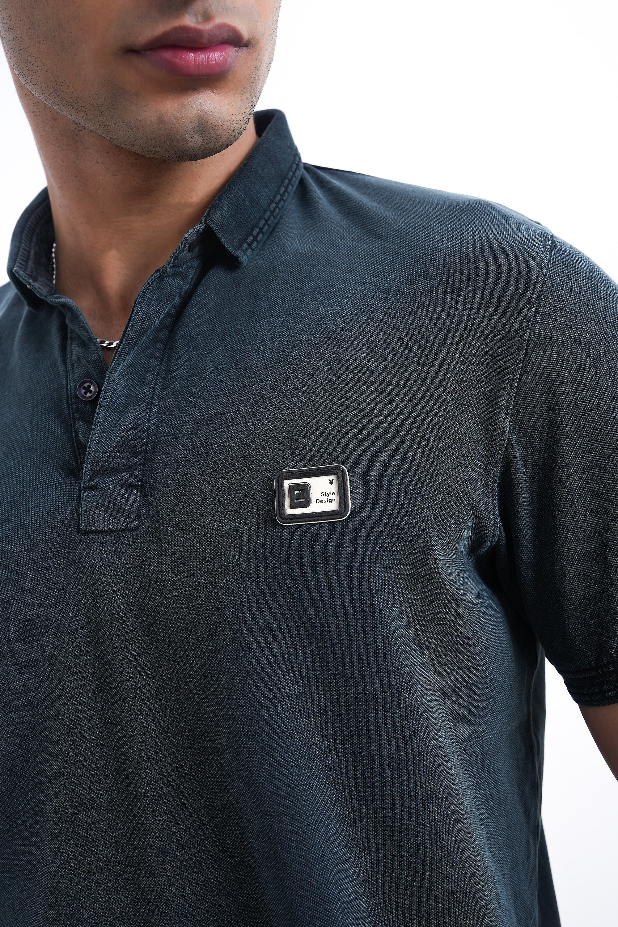 Men Textured Blue Denim Slim-Fit Polo